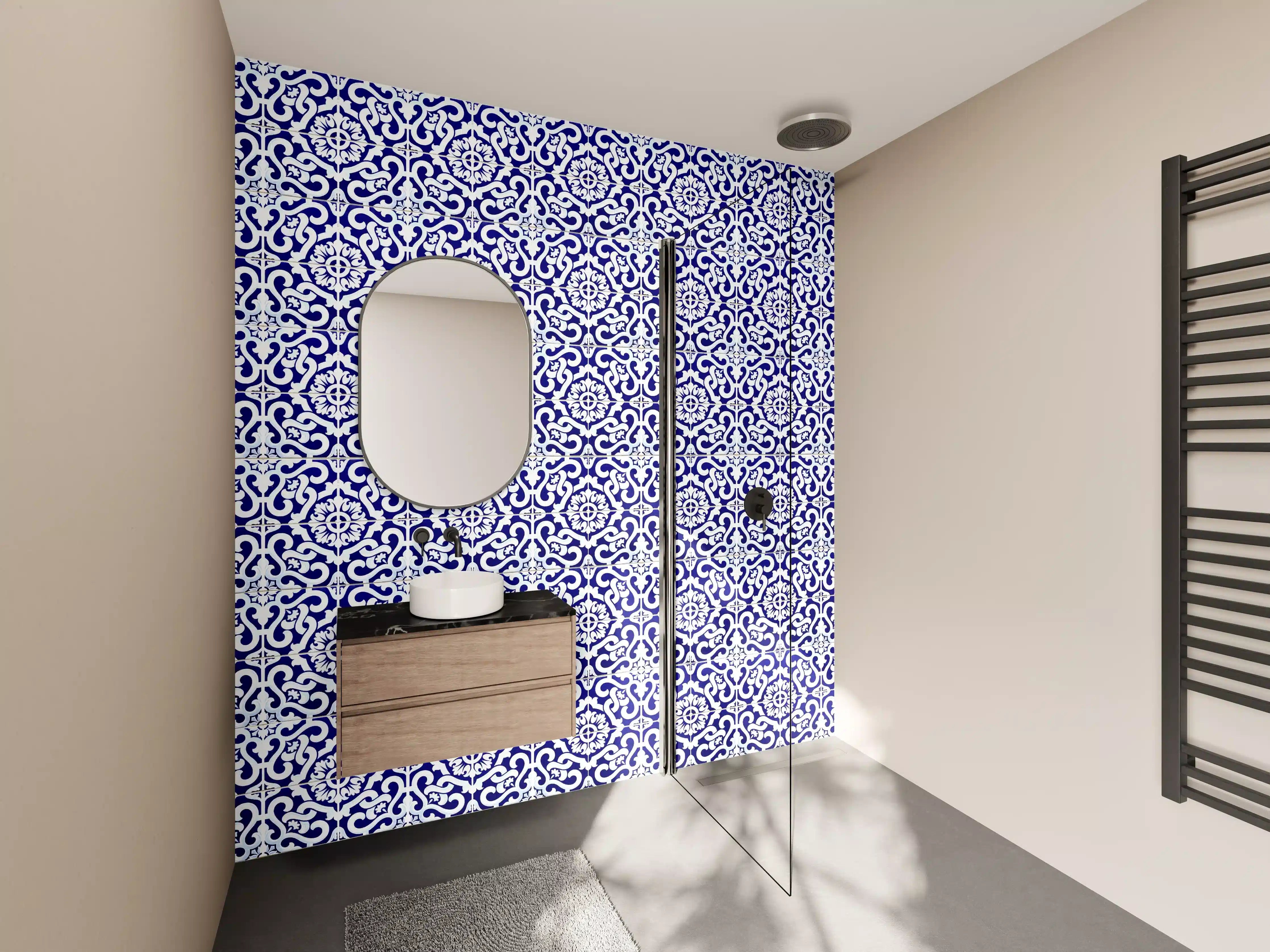 Wandverkleidung Bad - Elegantes Blau-Weiß mit Grautönen