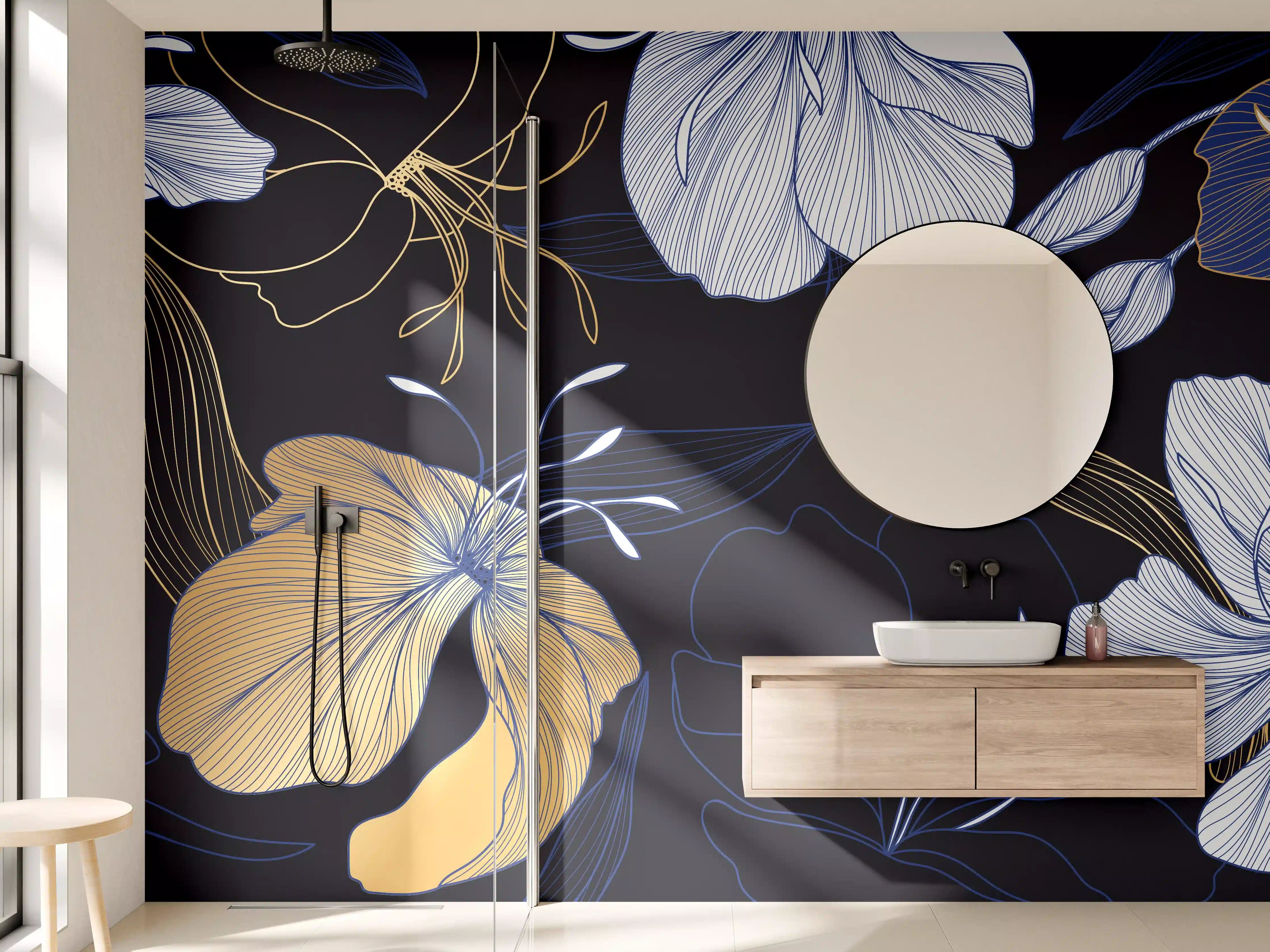 Wandverkleidung Bad - Elegantes Blumen-Muster Dunkelblau
