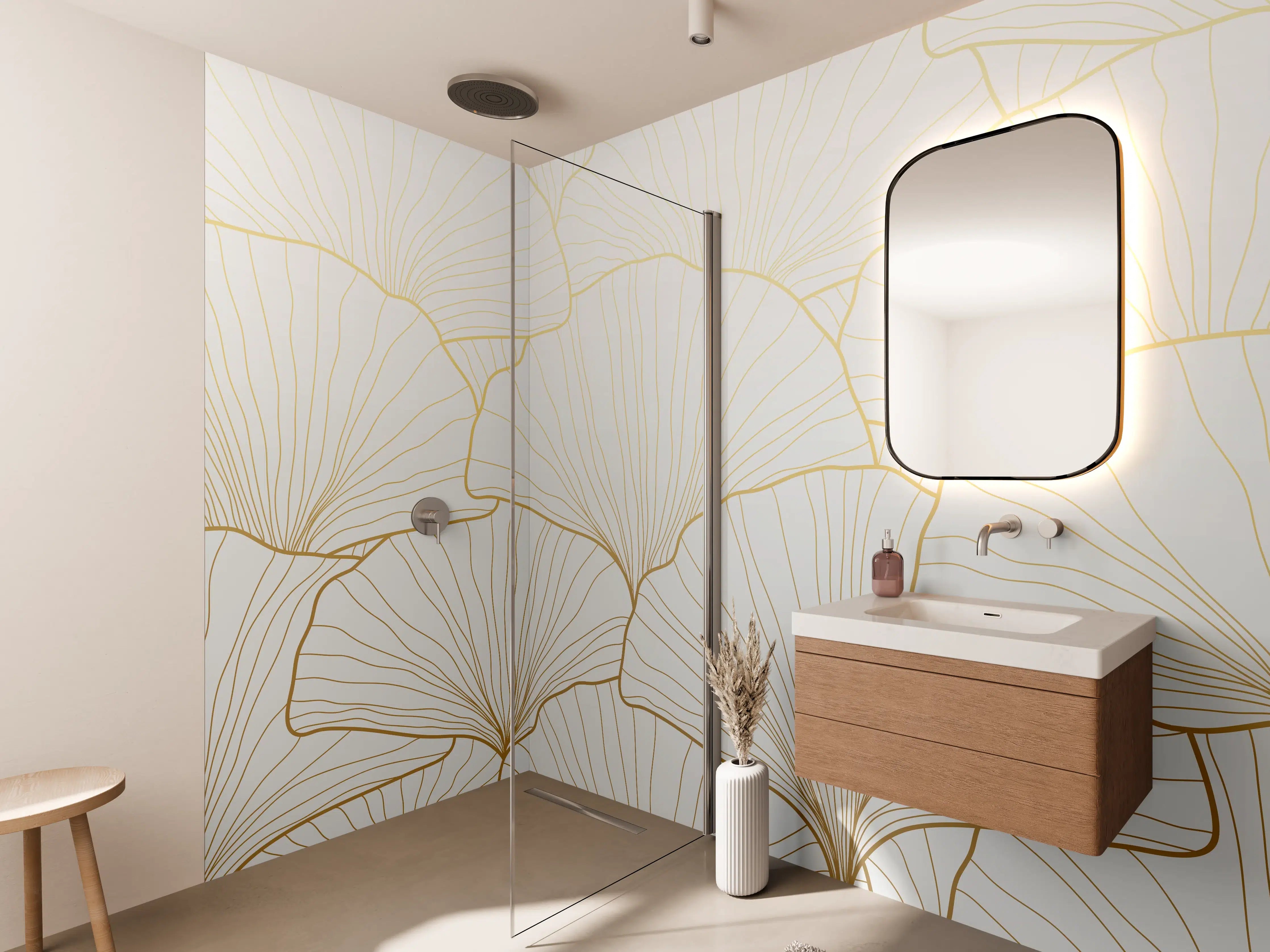 Wandverkleidung Bad - Elegantes Ginkgo-Blatt Design Weiß-Gold
