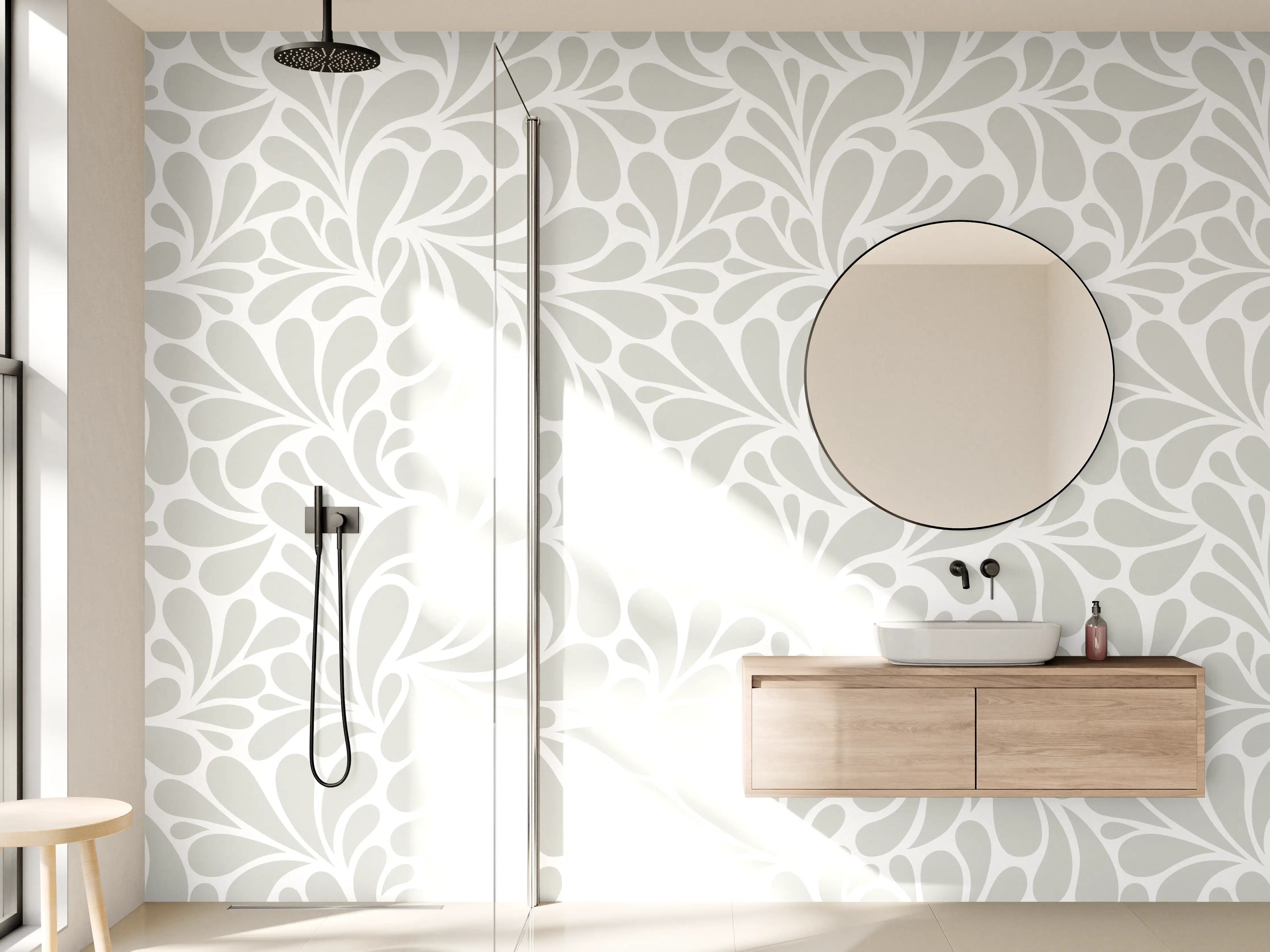 Wandverkleidung Bad - Elegantes Grau-Weiß-Blätter-Muster