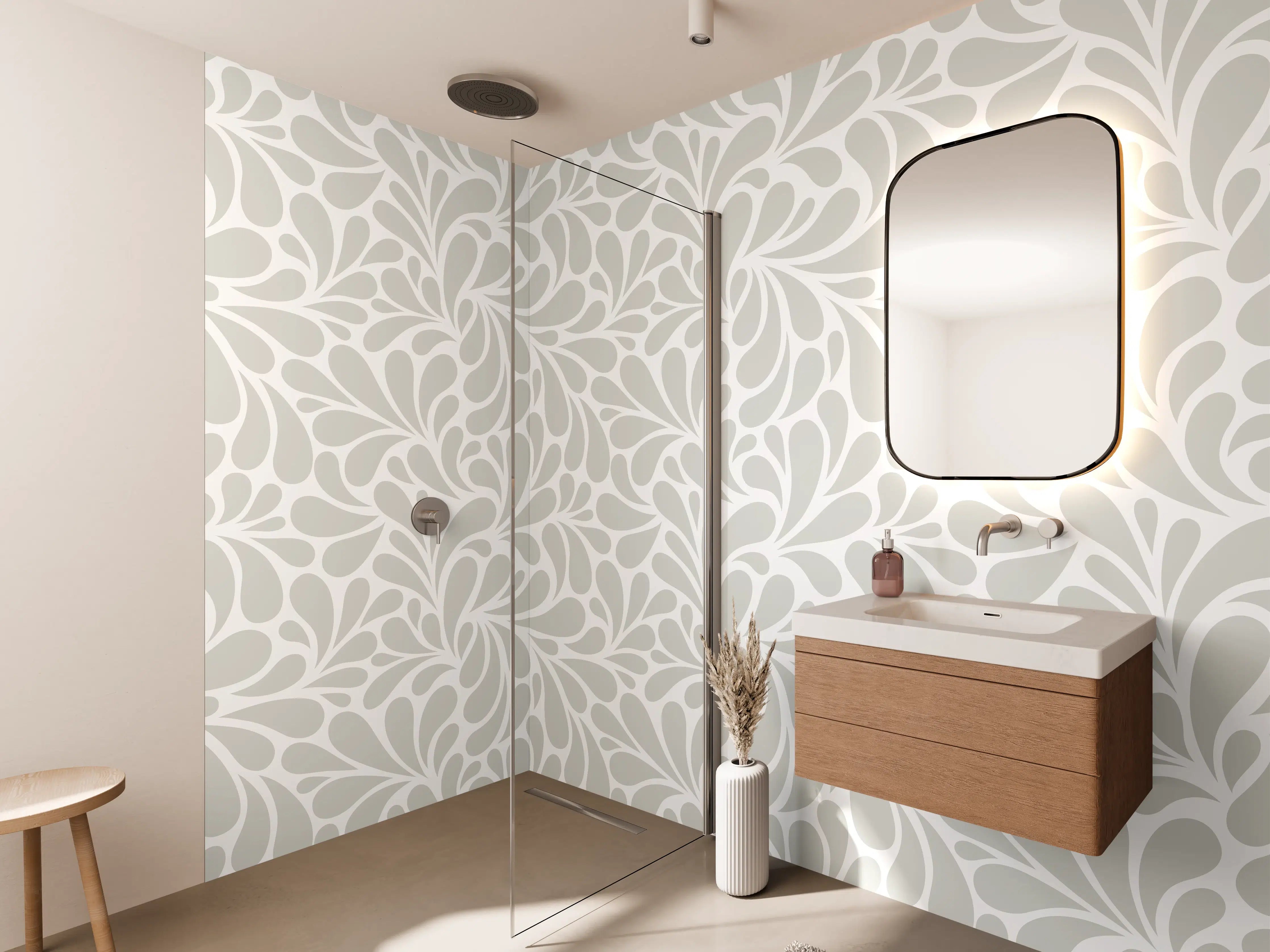 Wandverkleidung Bad - Elegantes Grau-Weiß-Blätter-Muster