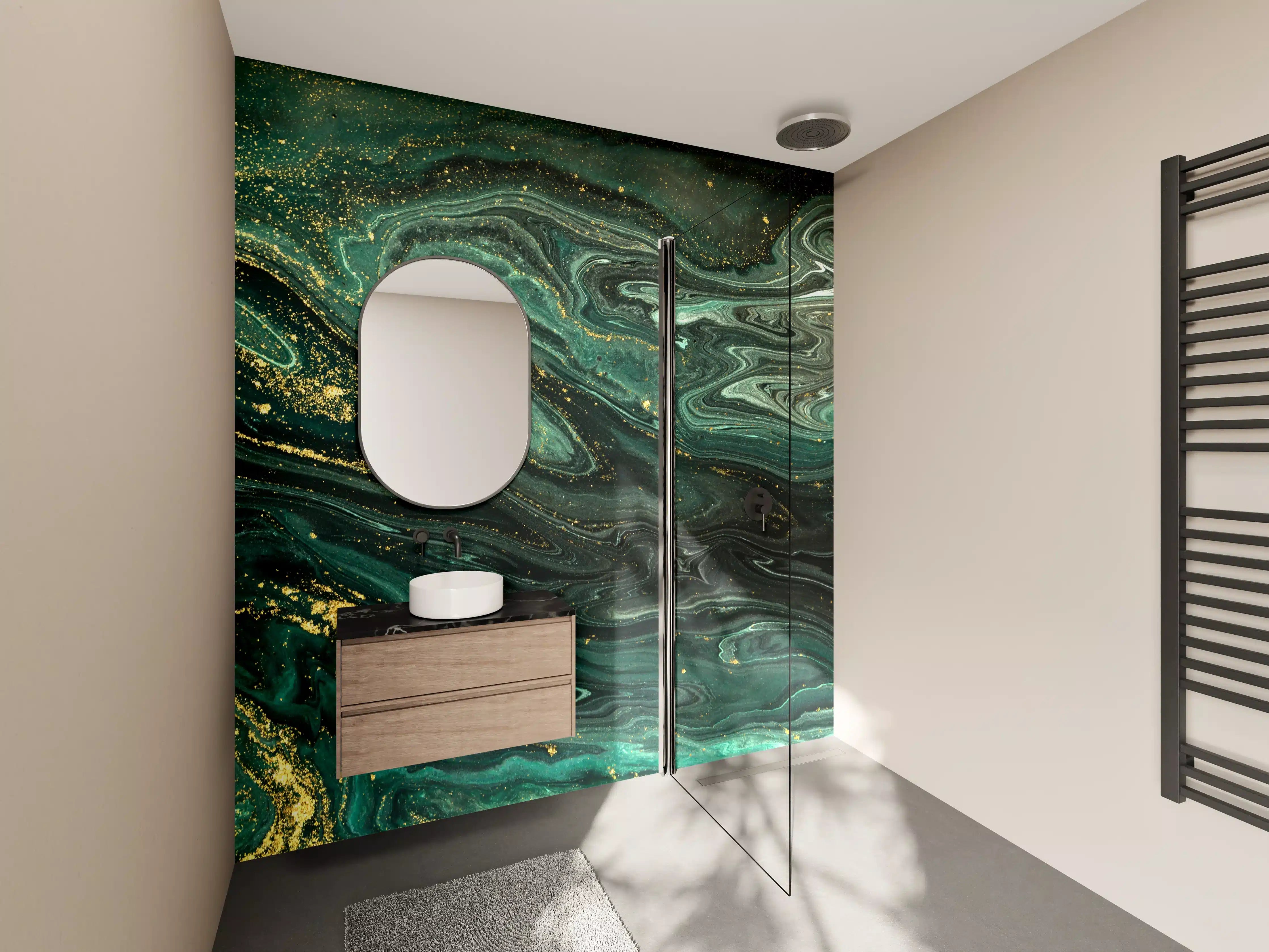 Wandverkleidung Bad - Elegantgrüner Marmor-Design mit Goldakzenten