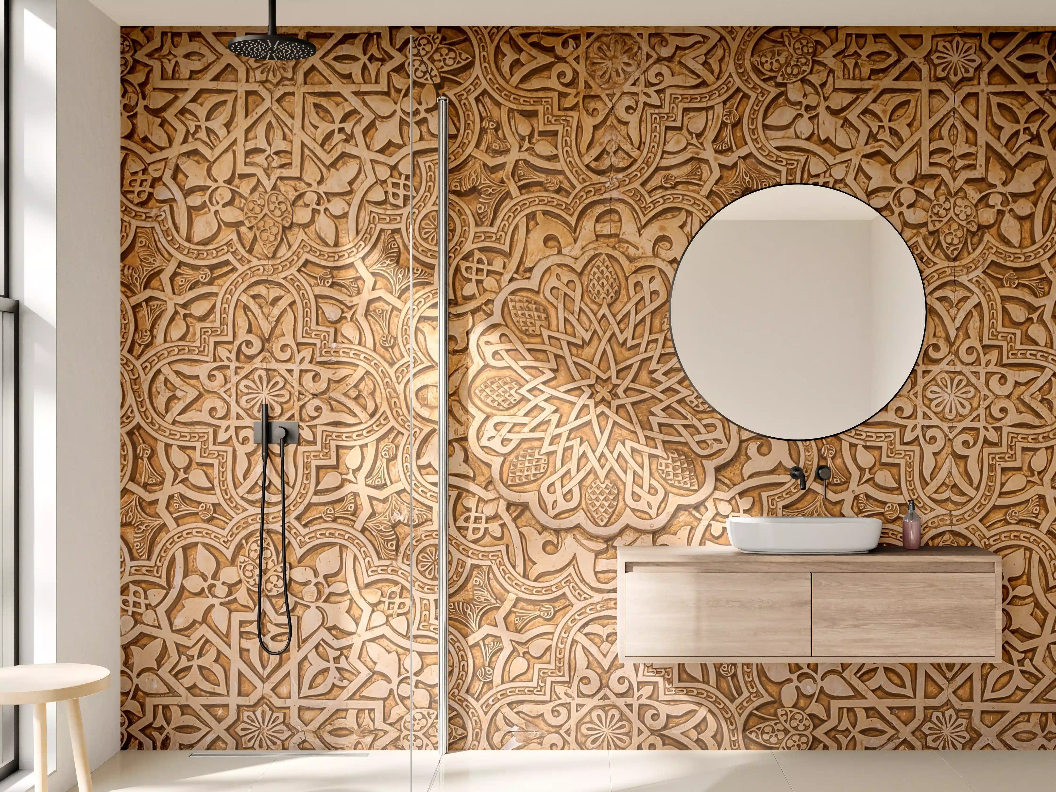 Wandverkleidung Bad - Elfenbeinfarbene Mosaikfliese mit Arabesken