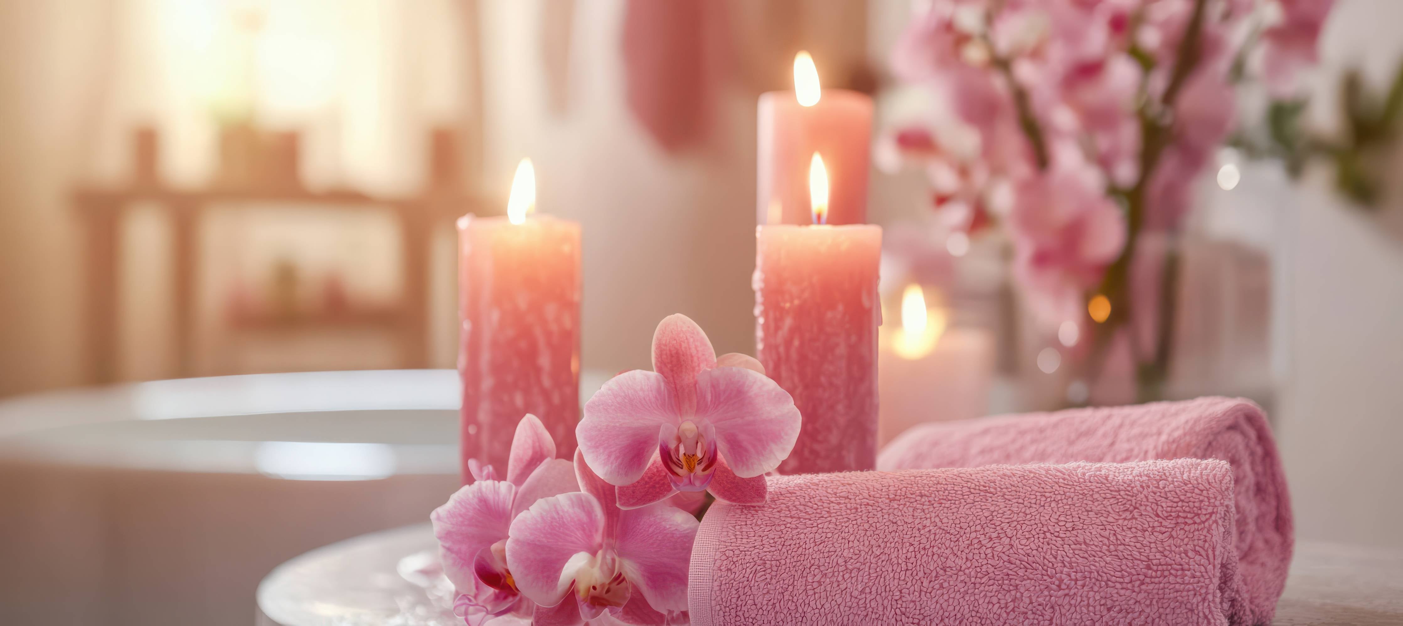 Wandverkleidung Bad-Entspannende Spa-Atmosphäre mit Kerzen und Blumen