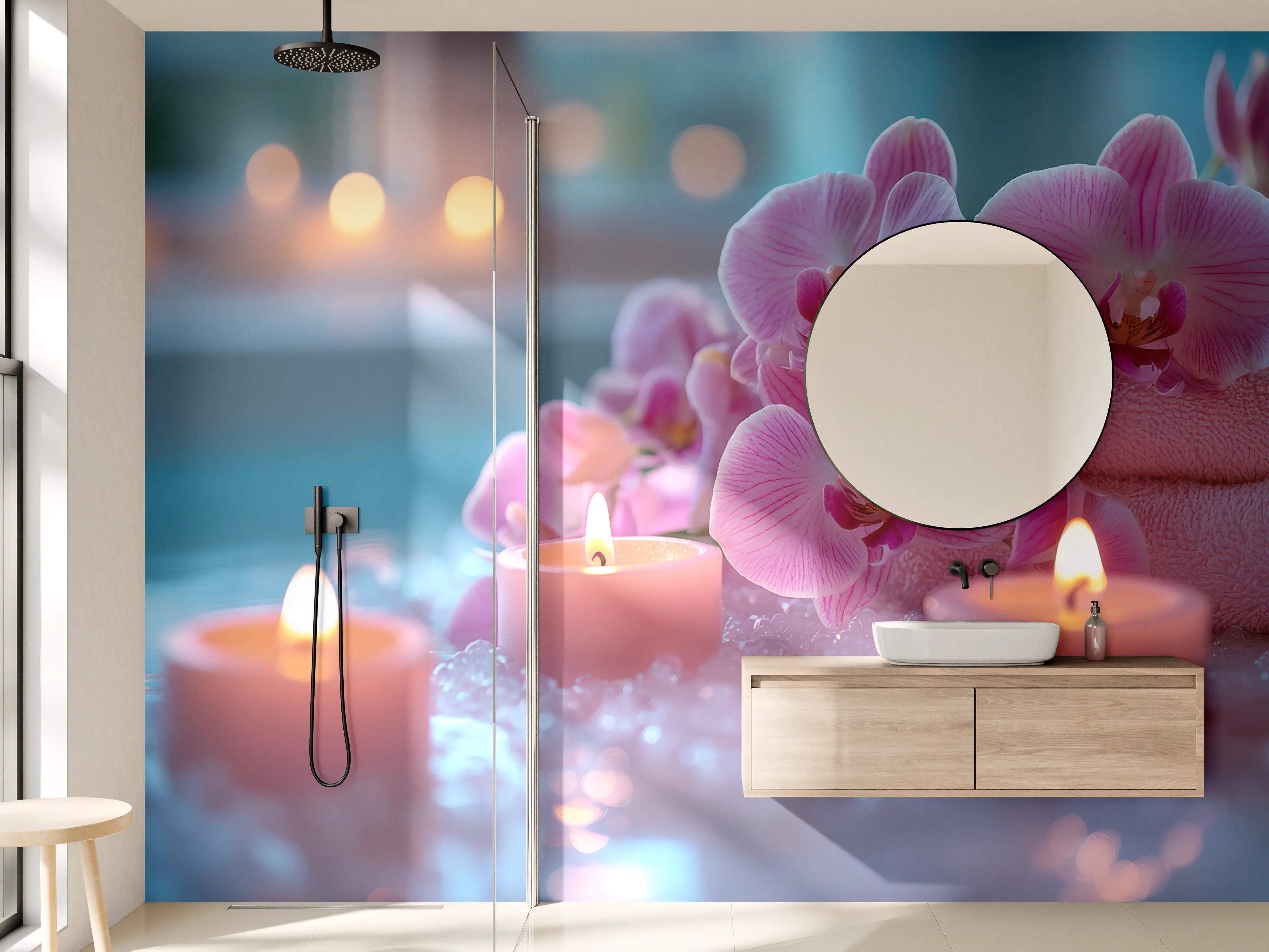 Wandverkleidung Bad - Entspannende Wellness-Atmosphäre mit Orchideen und Kerzen