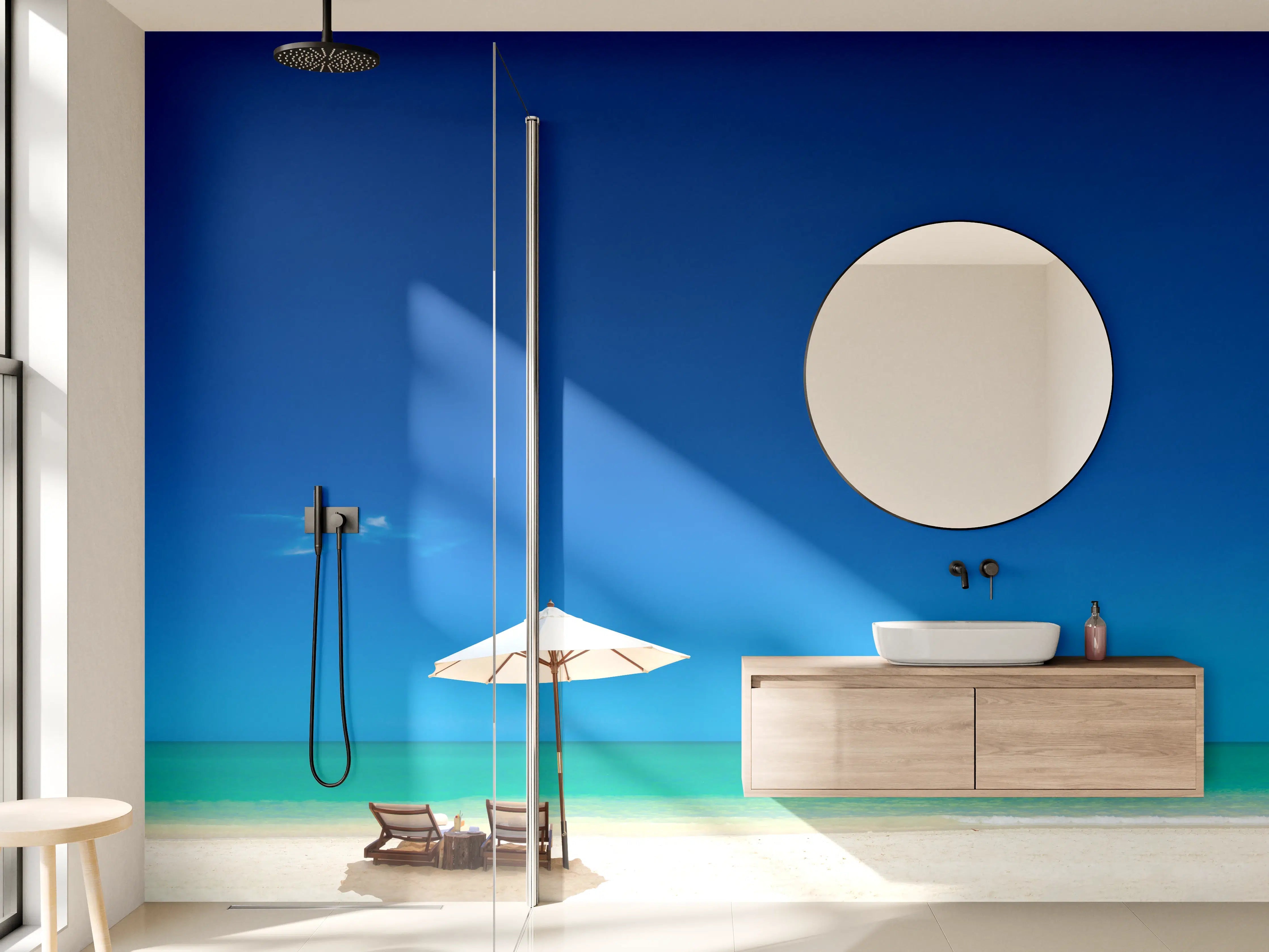 Wandverkleidung Bad - Entspannender Strand mit Sonnenschirm