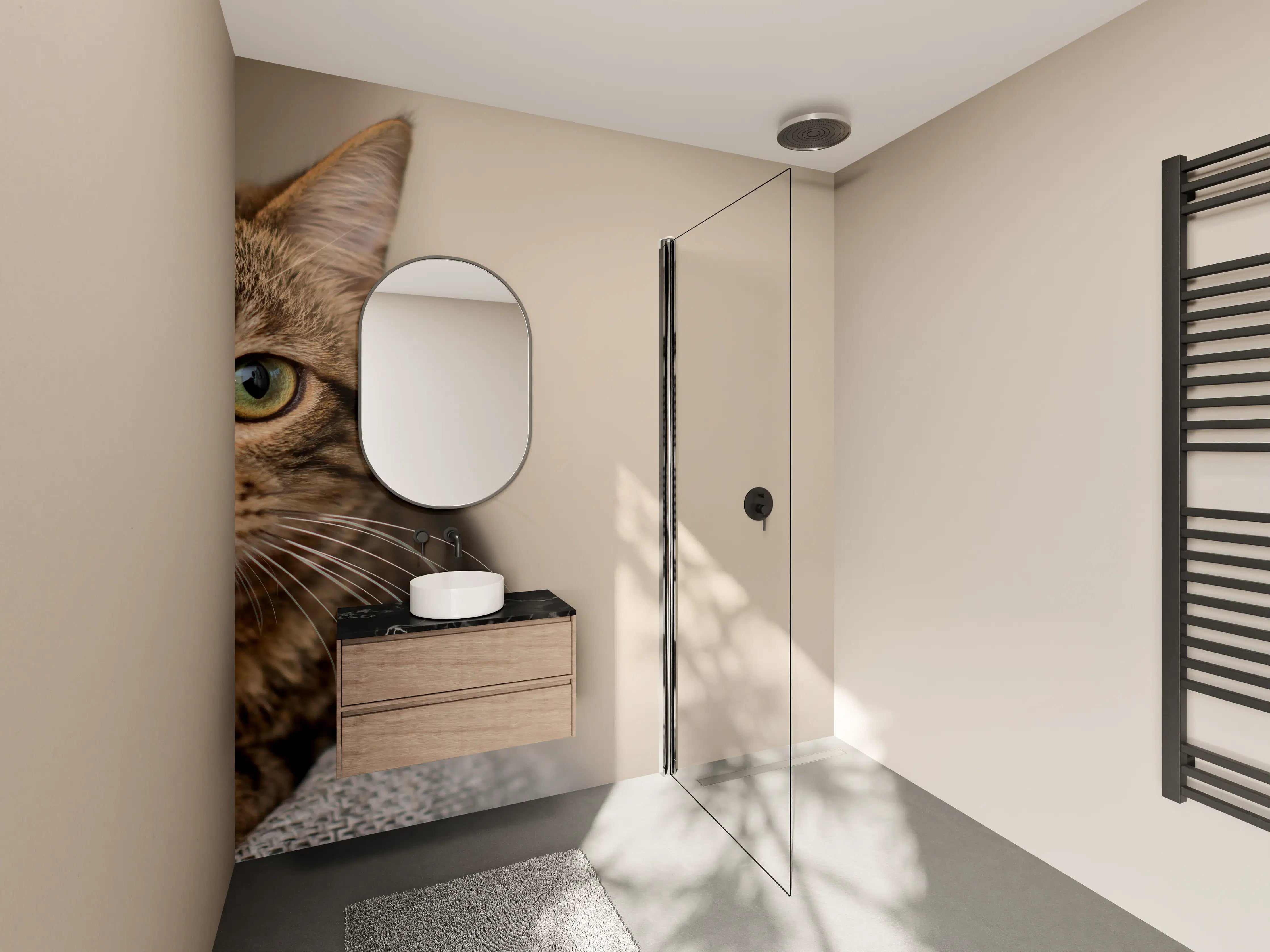 Wandverkleidung Bad - Entspannte Hauskatze in Beige-Braun