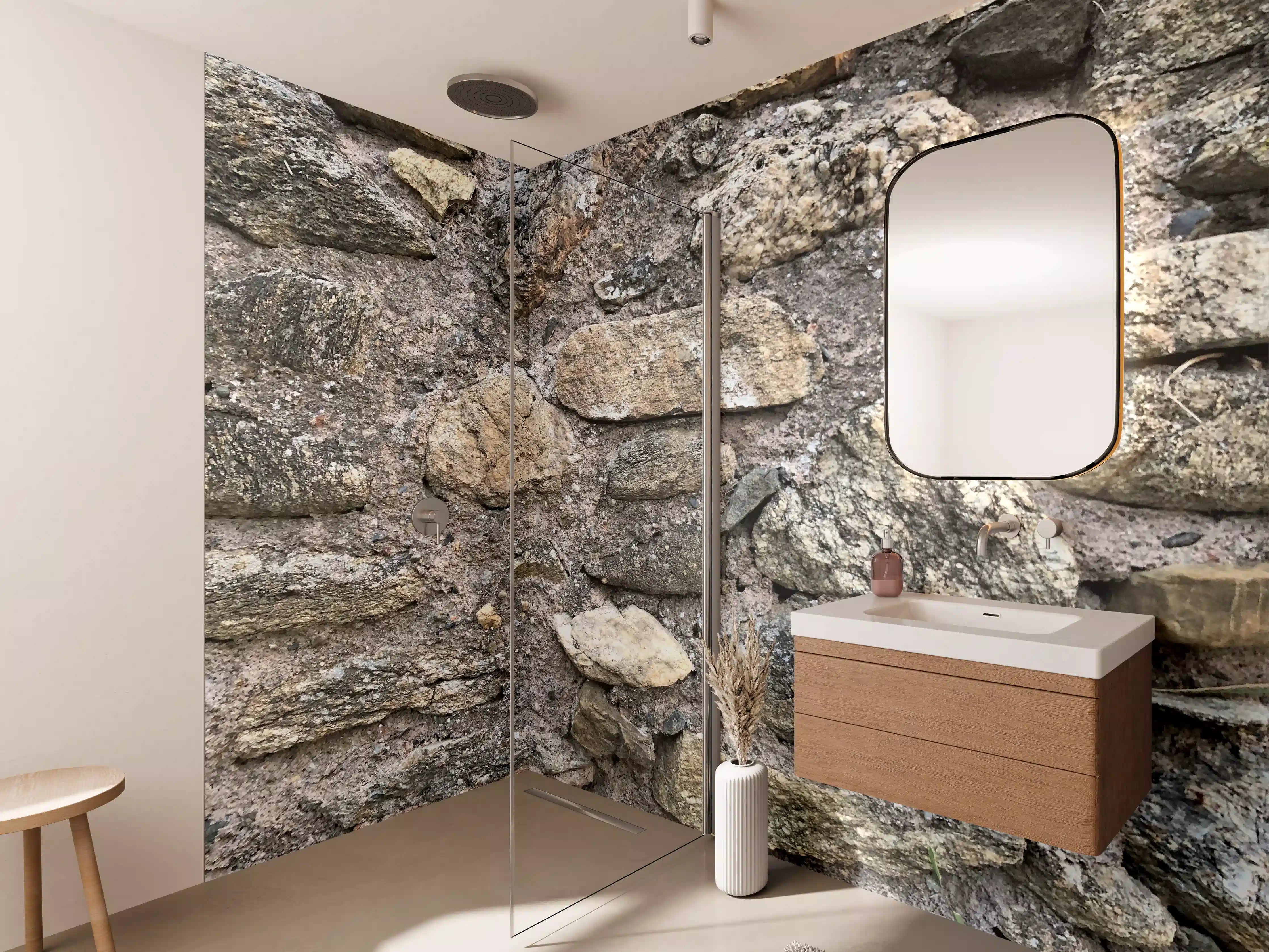 Wandverkleidung Bad - Erdige Natursteinmauer in Grauweiß