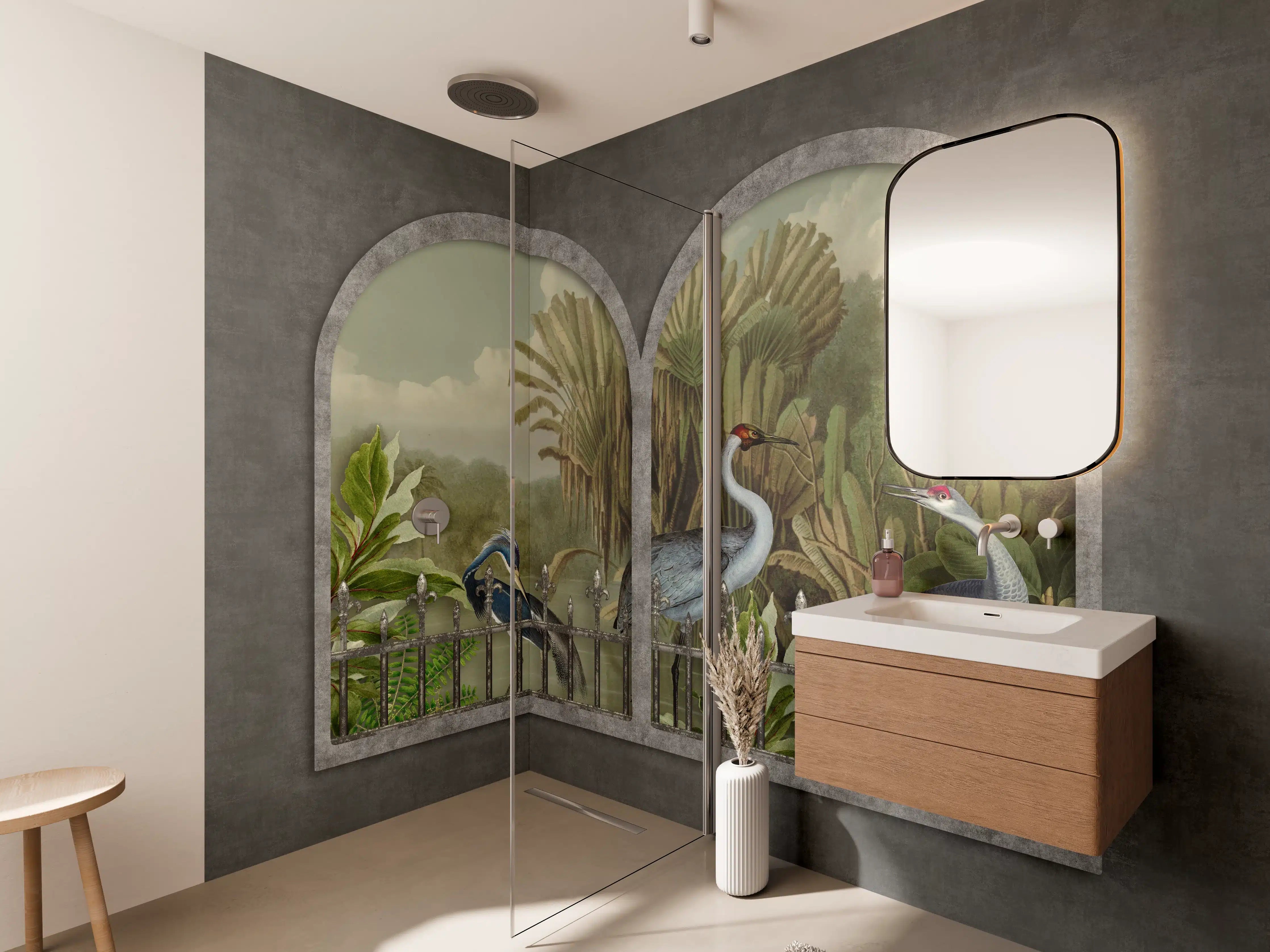 Wandverkleidung Bad - Exotische Kraniche Naturpanorama