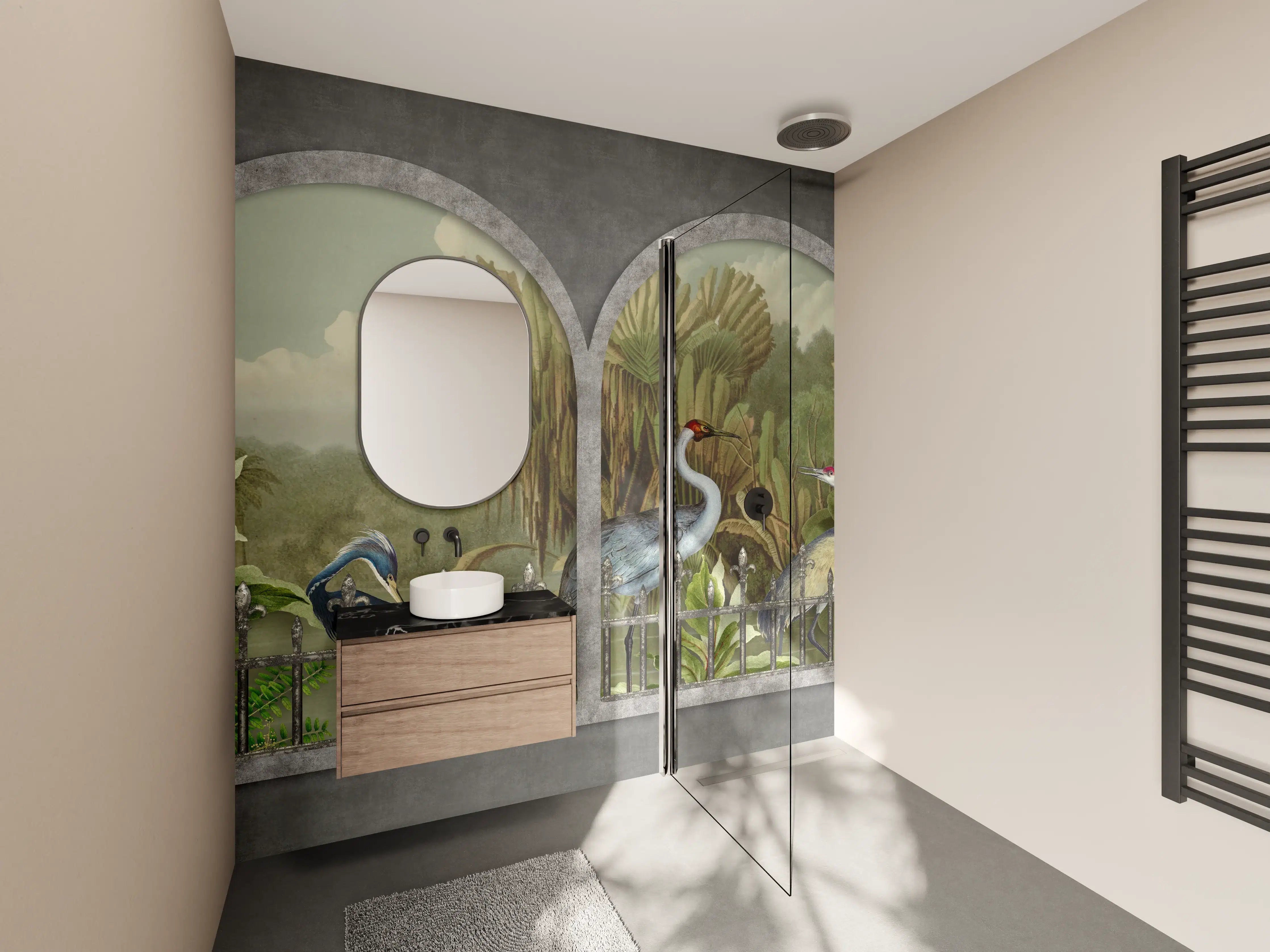 Wandverkleidung Bad - Exotische Kraniche Naturpanorama