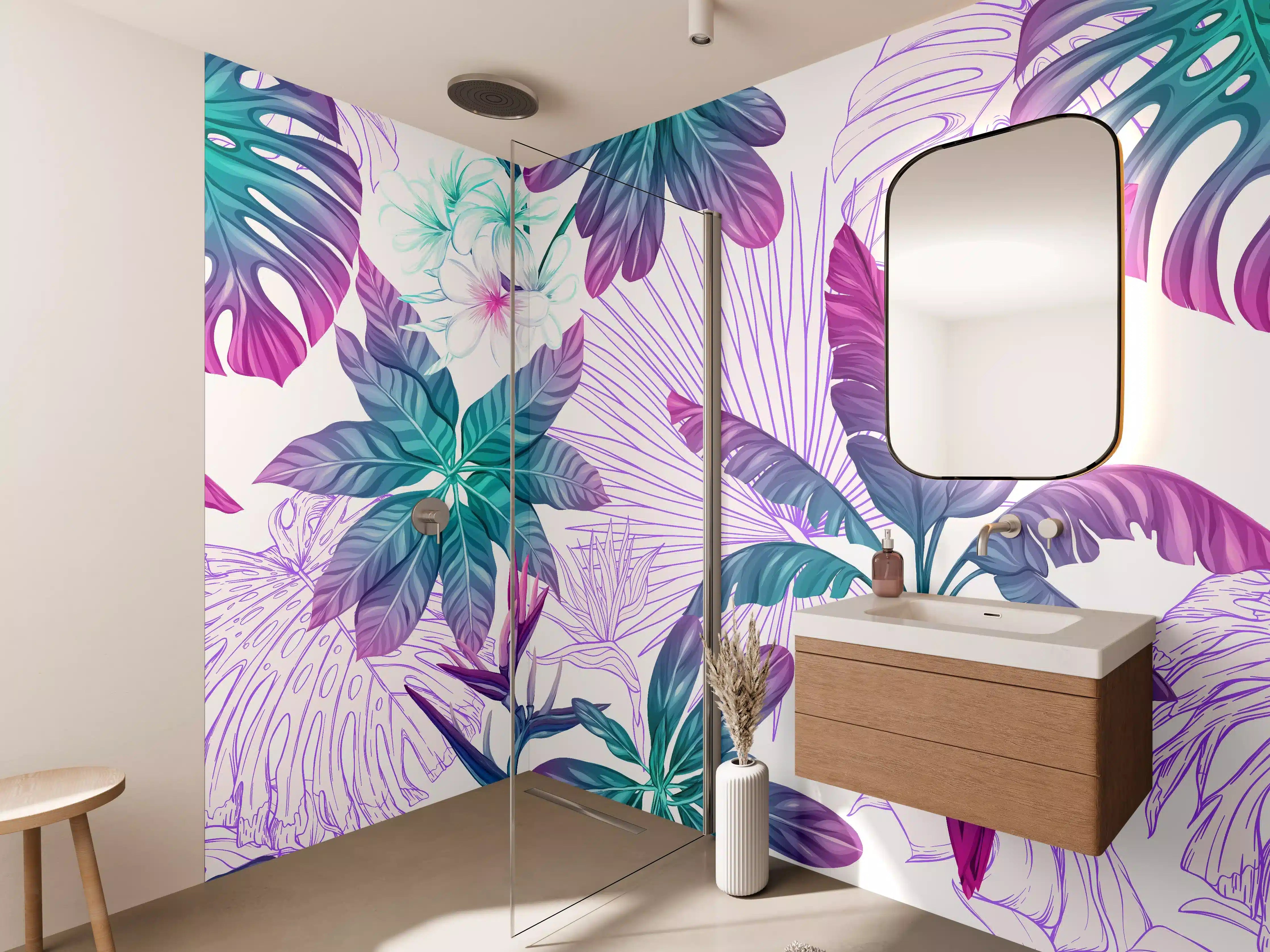 Wandverkleidung Bad - Exotische Pflanzenmuster Lila-Blau