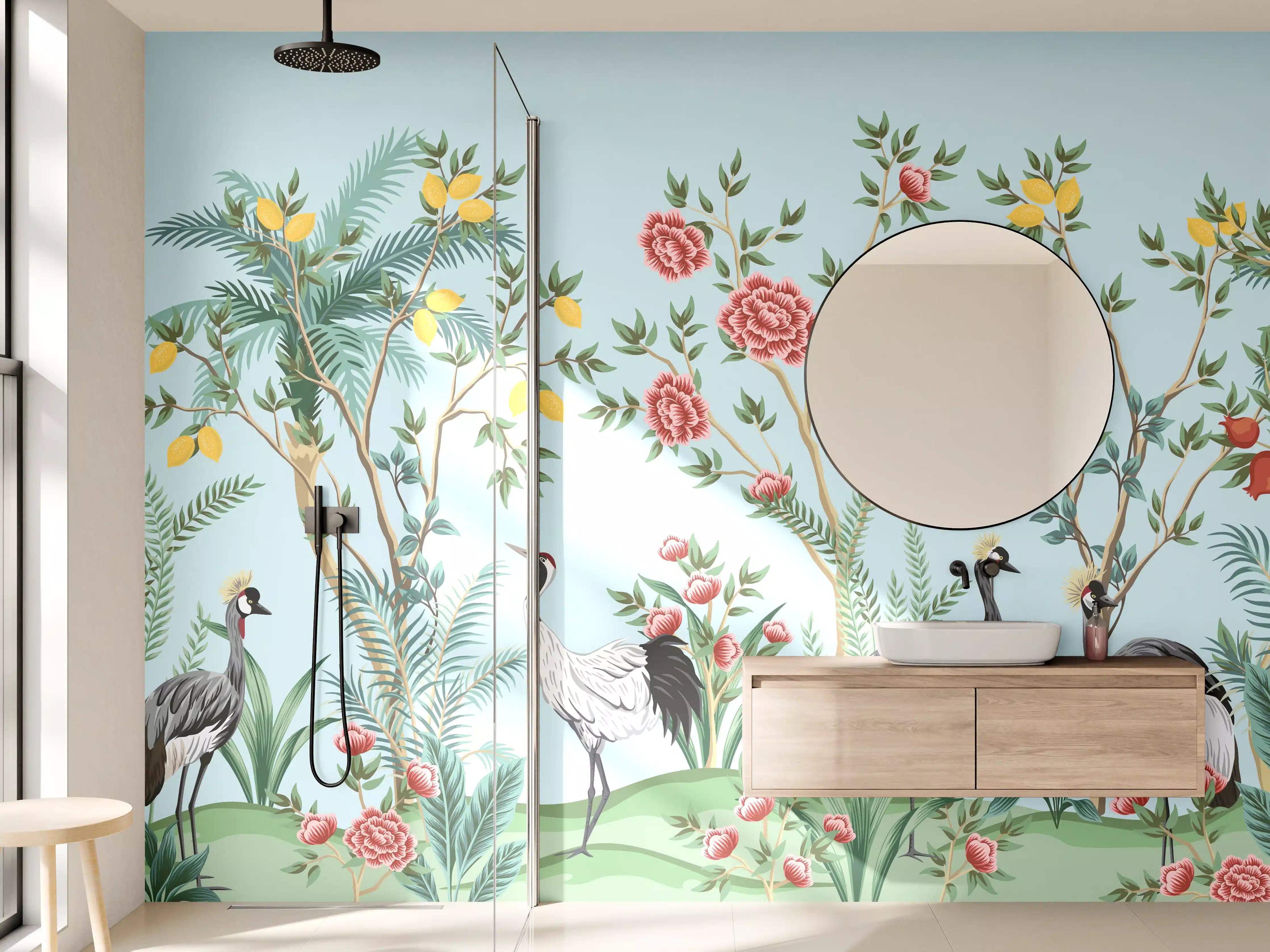 Wandverkleidung Bad - Exotische Vogel-Tapete