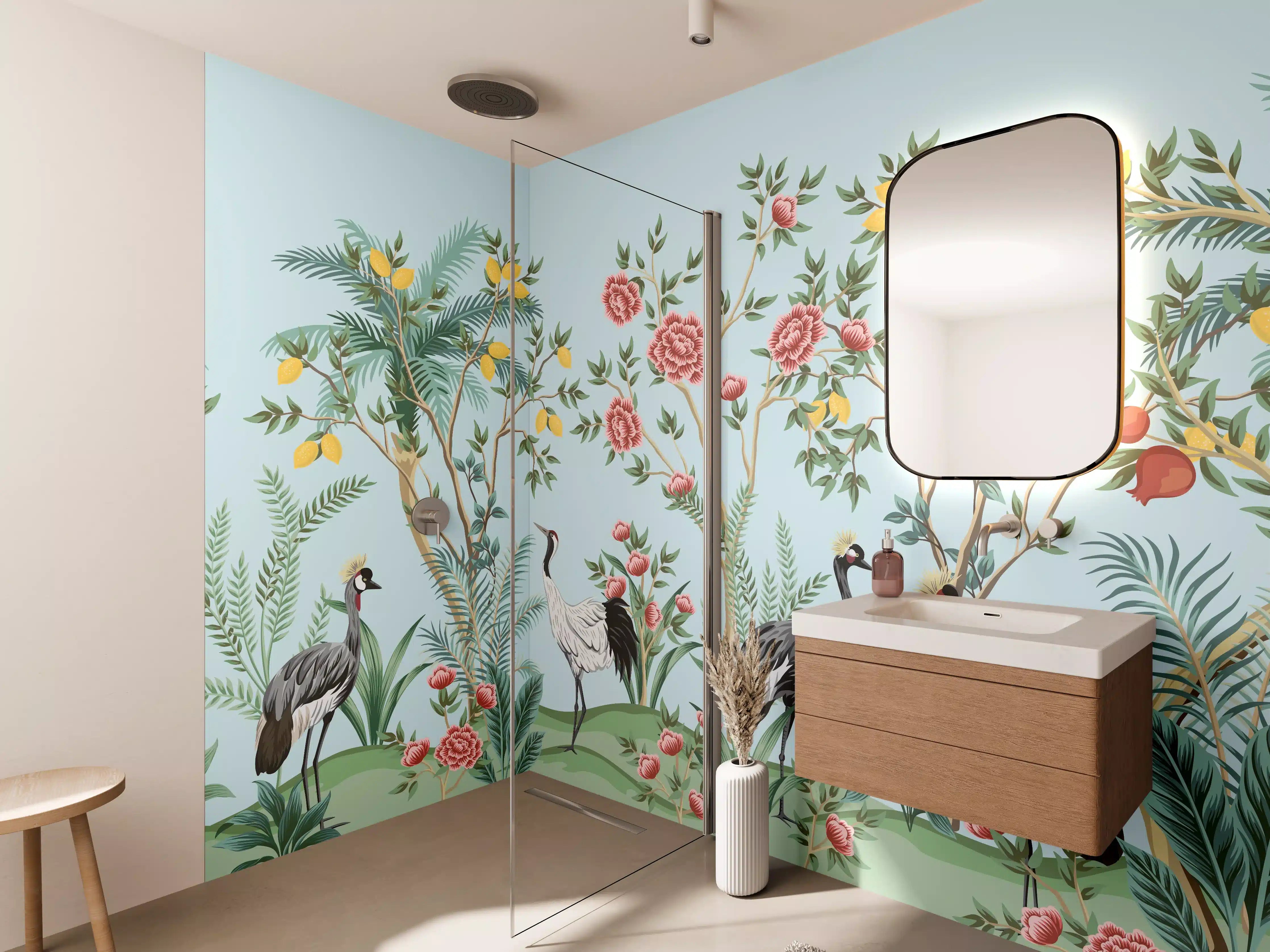 Wandverkleidung Bad - Exotische Vogel-Tapete