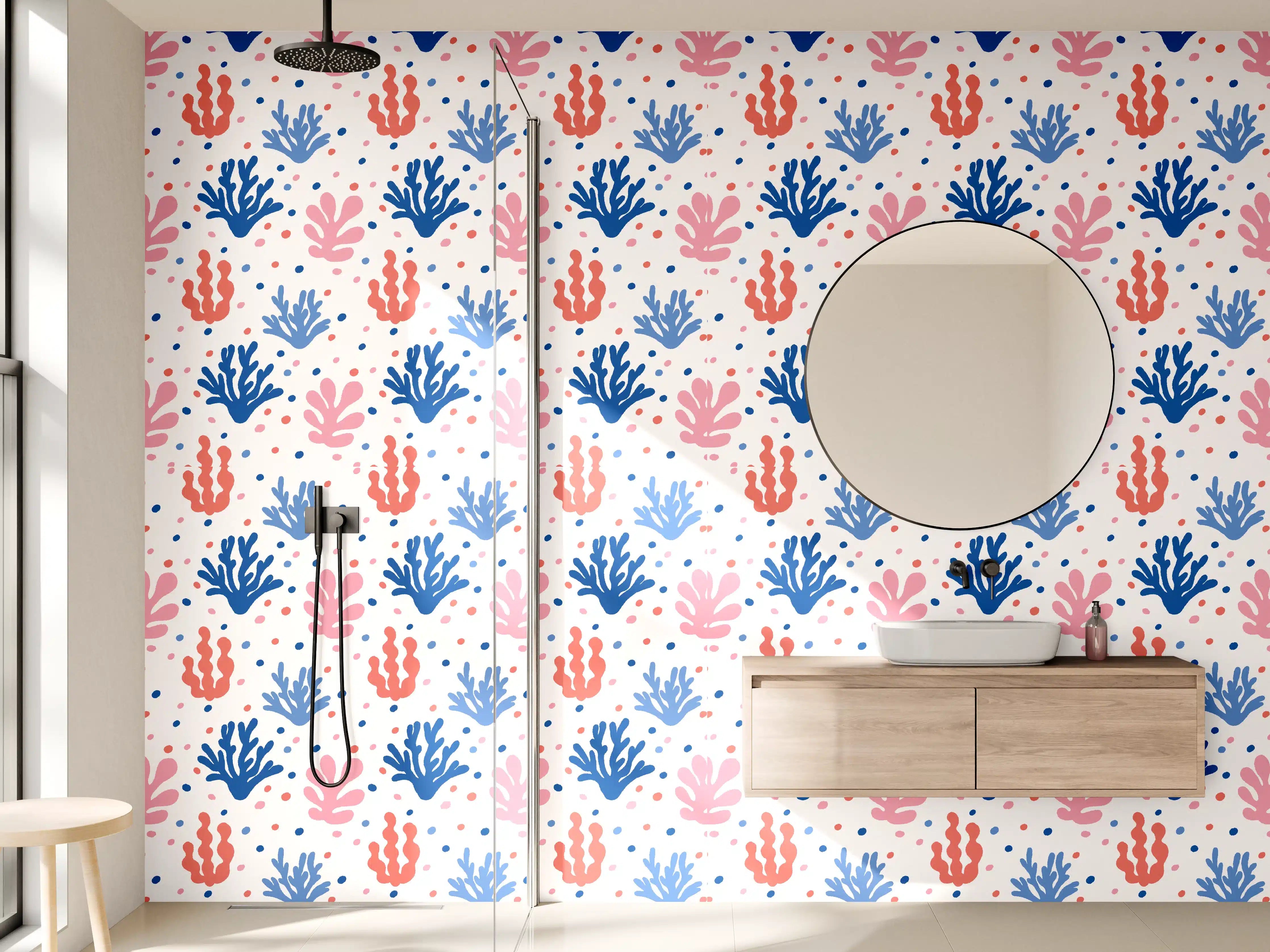 Wandverkleidung Bad - Exotisches Korallen-Design in Blau und Rosa