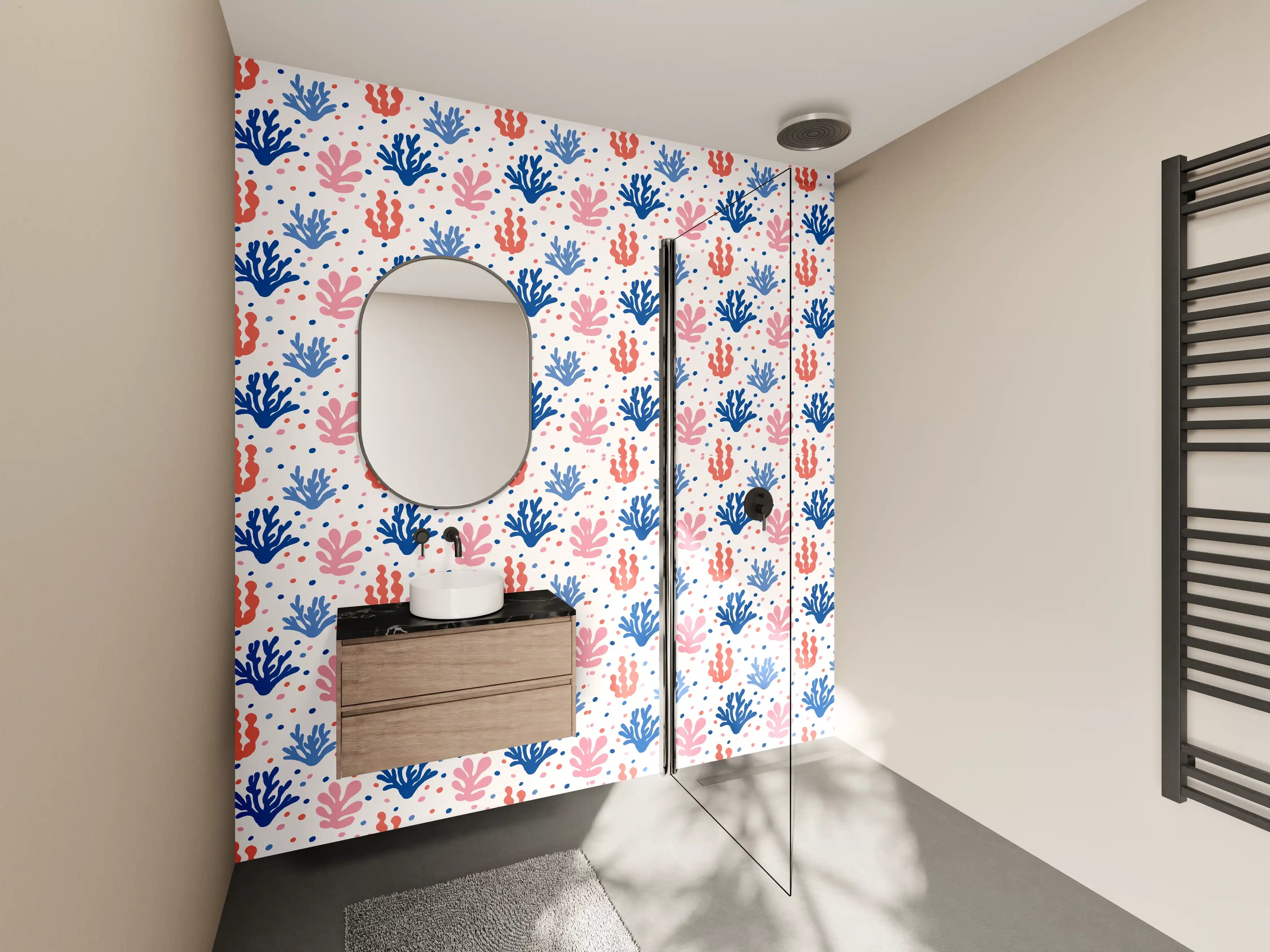 Wandverkleidung Bad - Exotisches Korallen-Design in Blau und Rosa