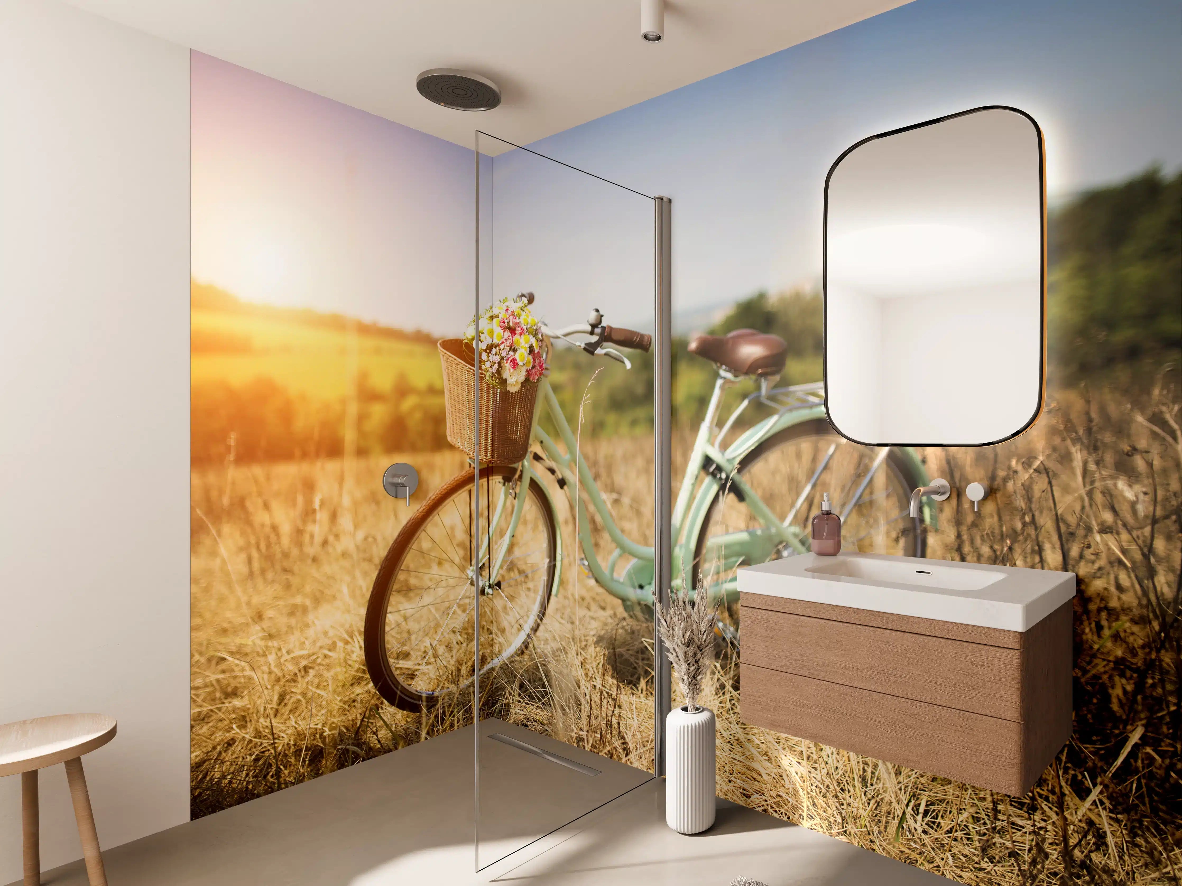 Wandverkleidung Bad - Fahrrad mit Blumenkorb auf Wiese