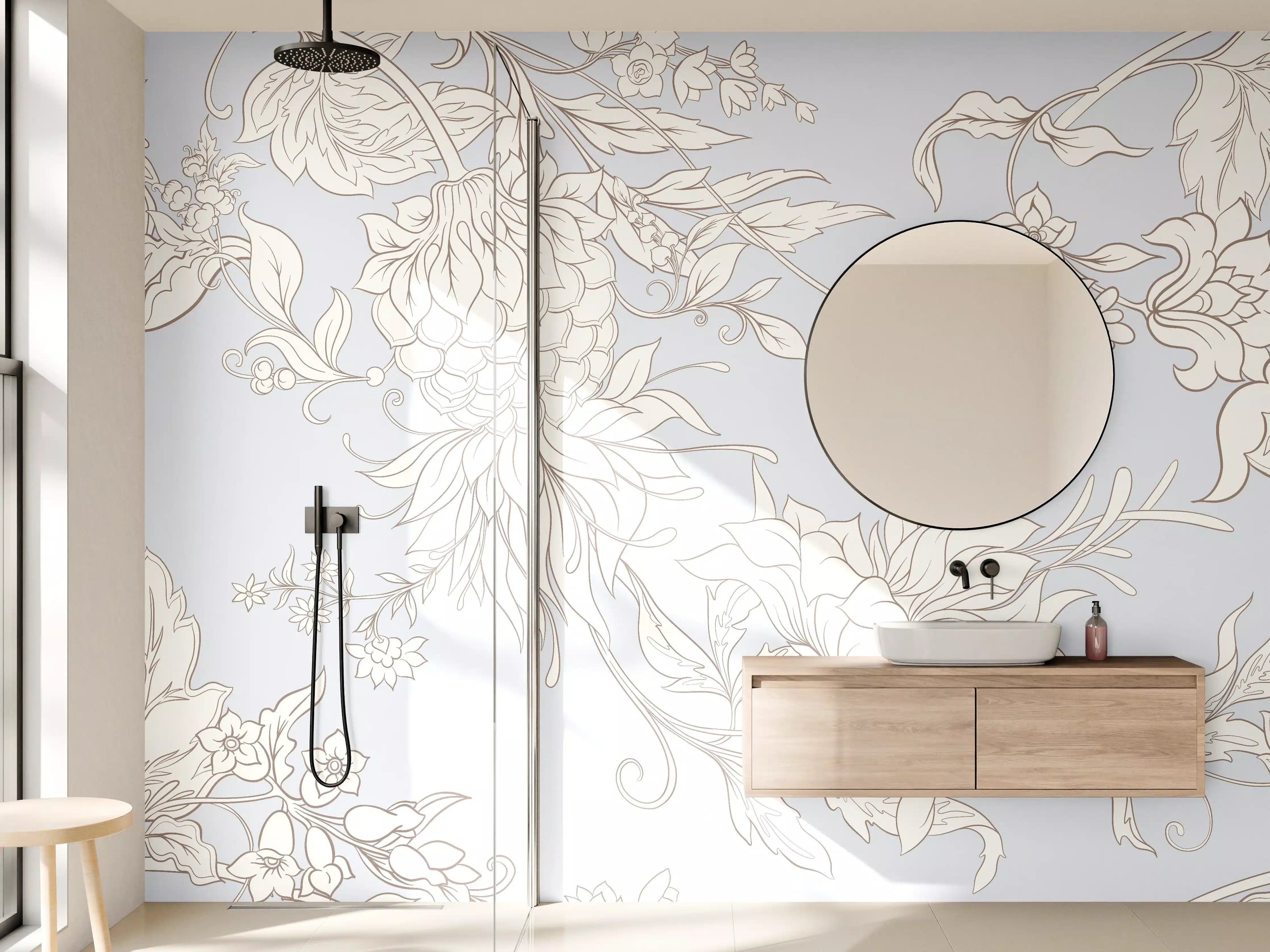 Wandverkleidung Bad - Fantasievolle Blumenzeichnung Weiß-Grau