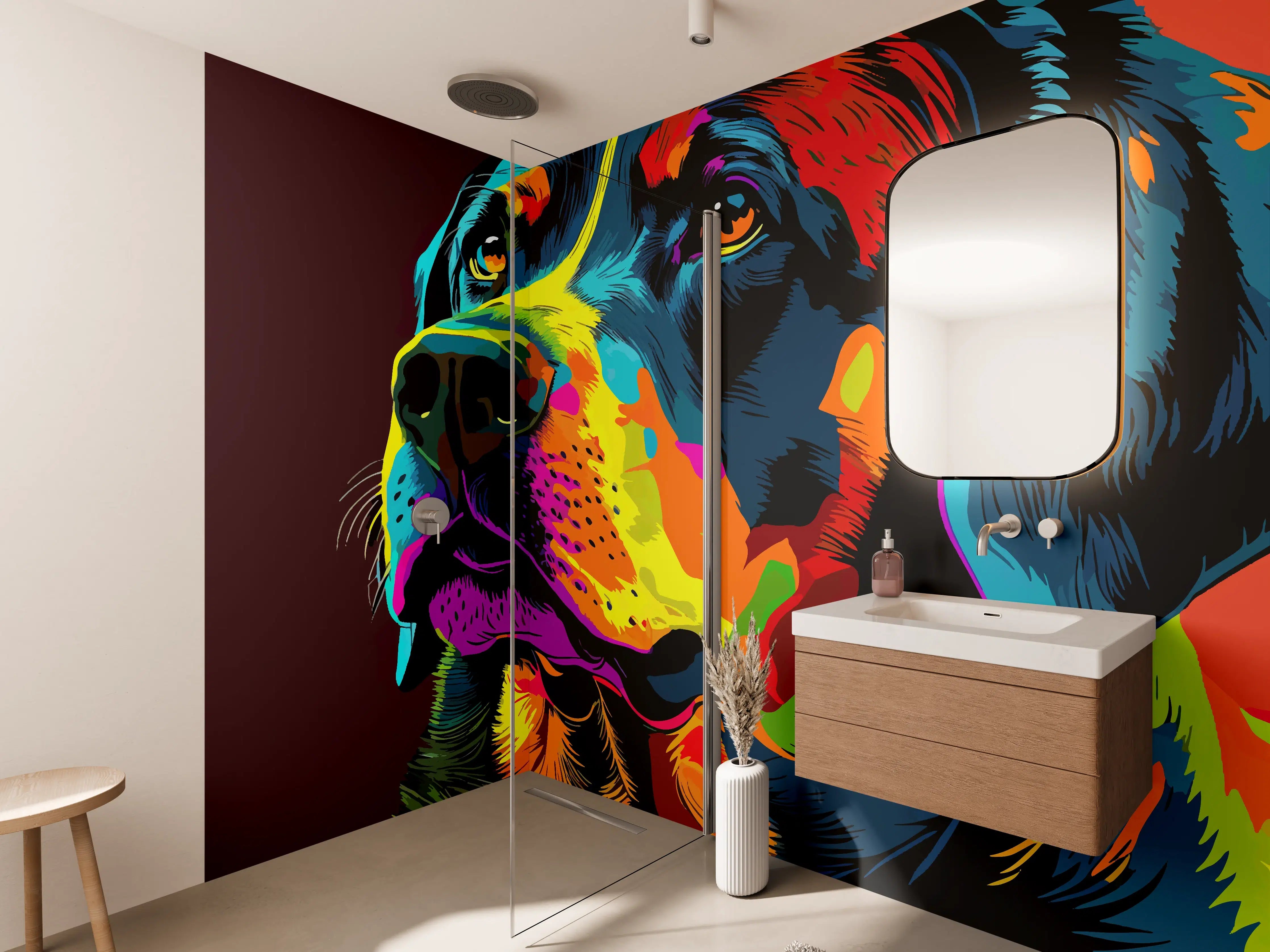 Wandverkleidung Bad - Farbenfrohe Hunde-Porträtkunst