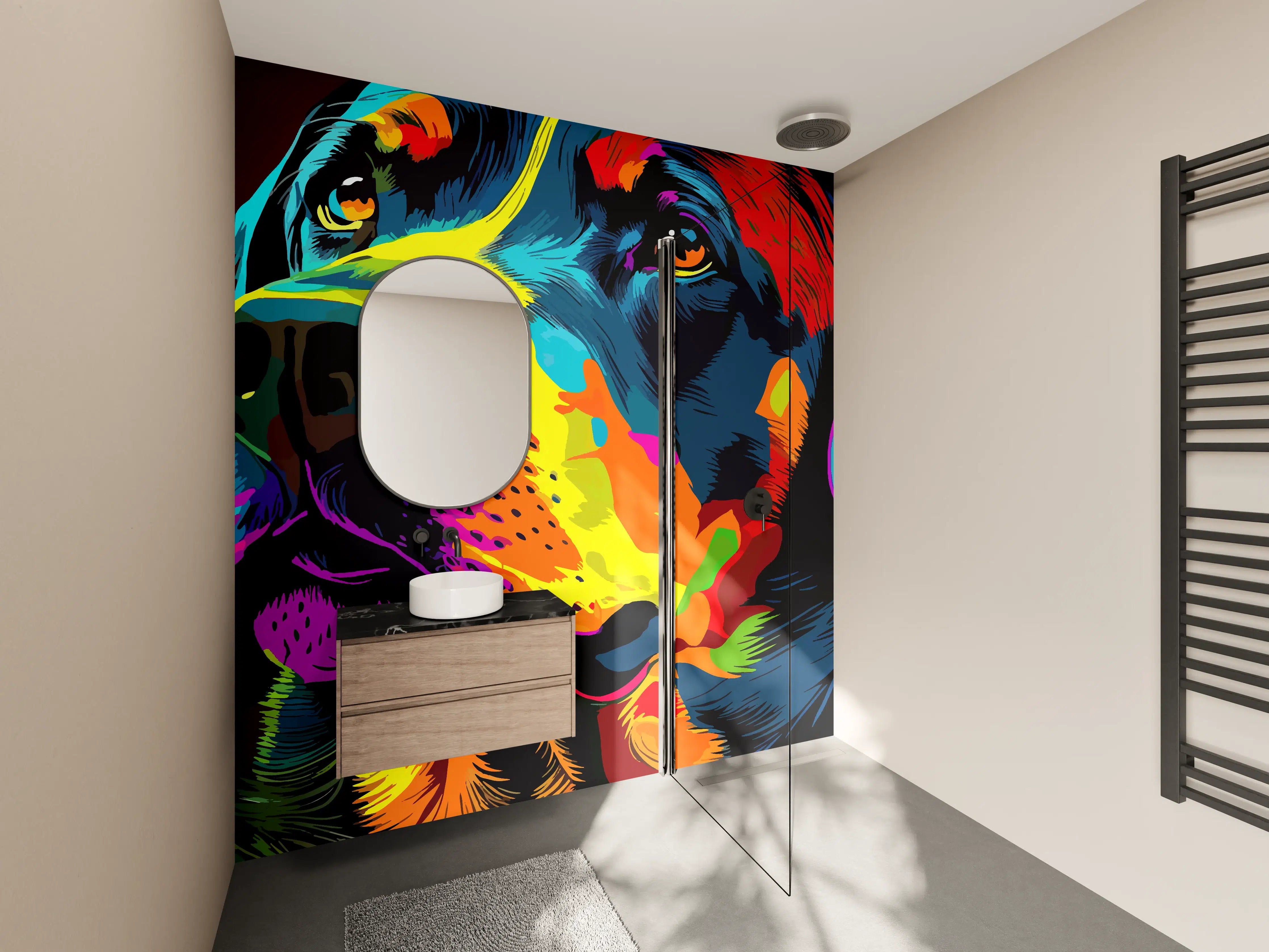 Wandverkleidung Bad - Farbenfrohe Hunde-Porträtkunst