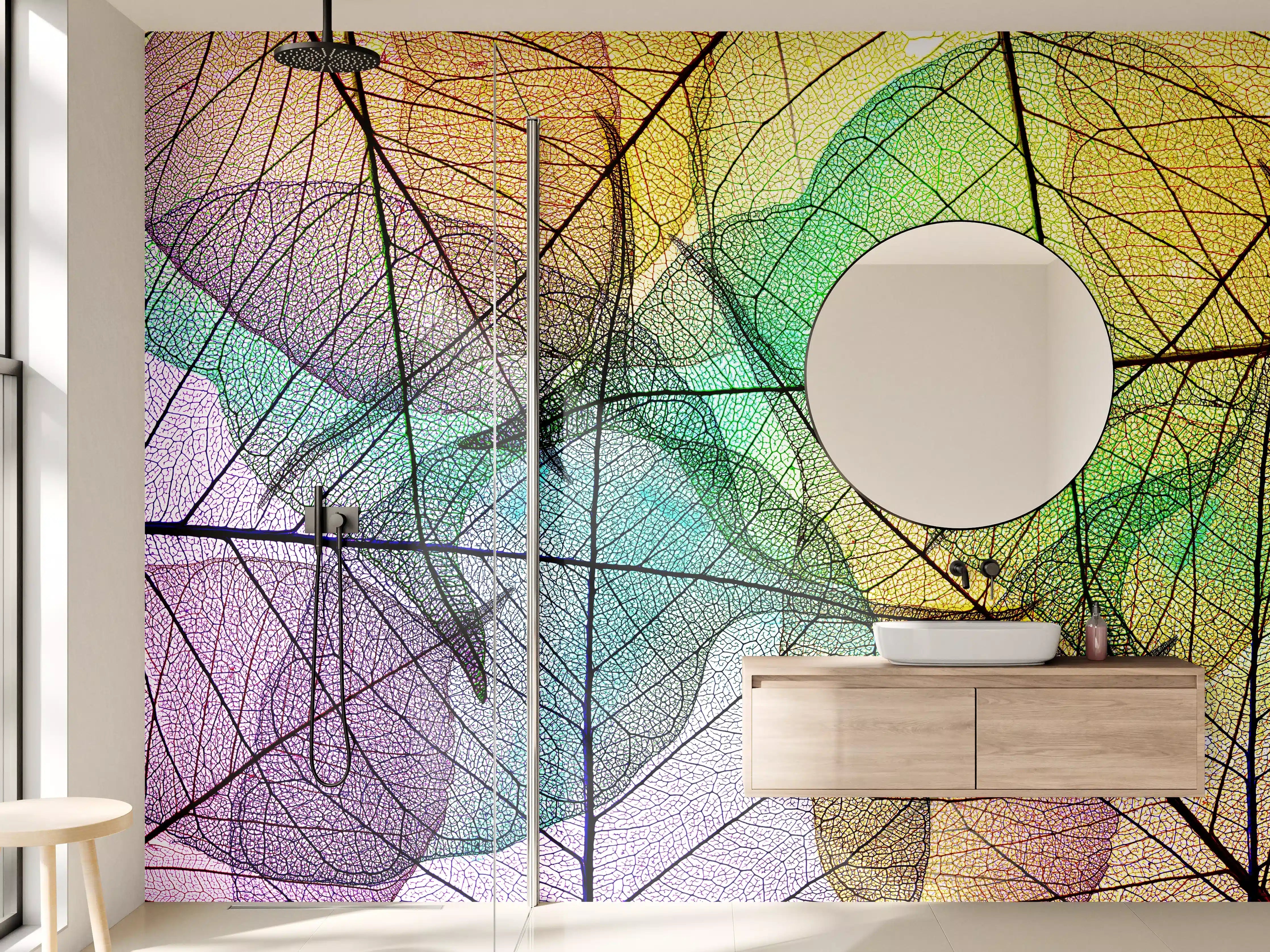 Wandverkleidung Bad - Farbenfrohe Laubtextur auf Weiß