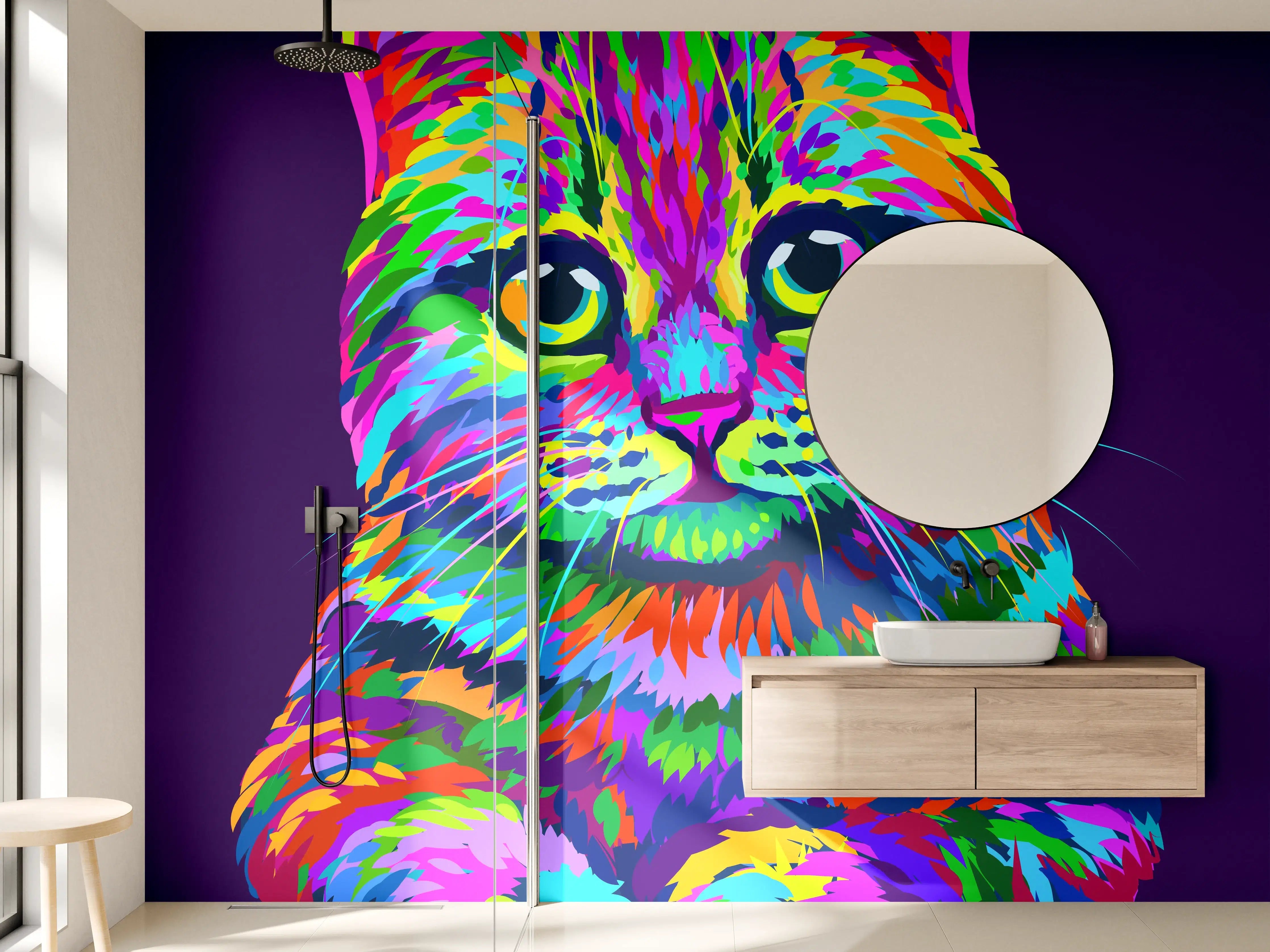 Wandverkleidung Bad - Farbenfrohe Neon-Katzen-Illustration