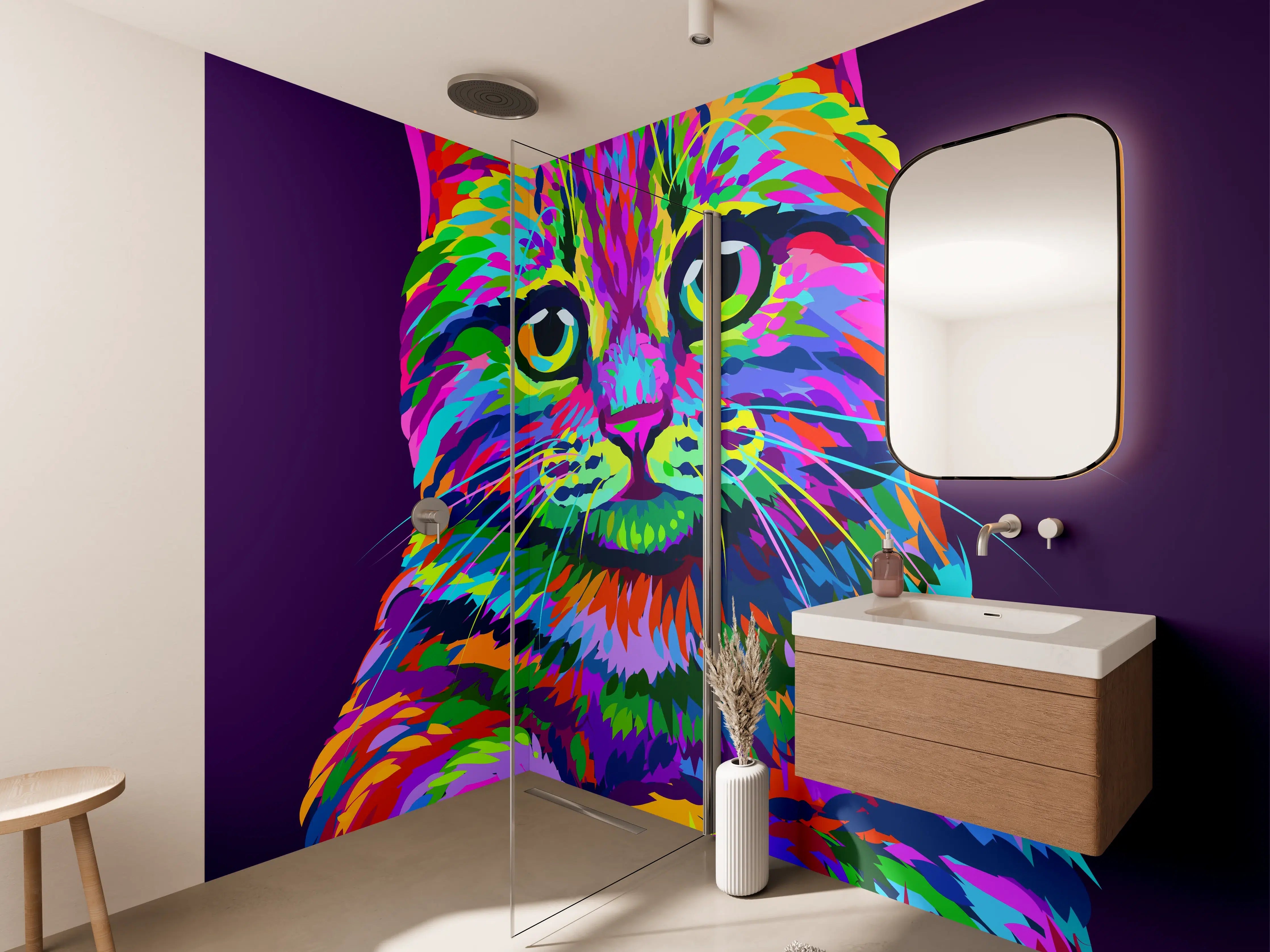 Wandverkleidung Bad - Farbenfrohe Neon-Katzen-Illustration