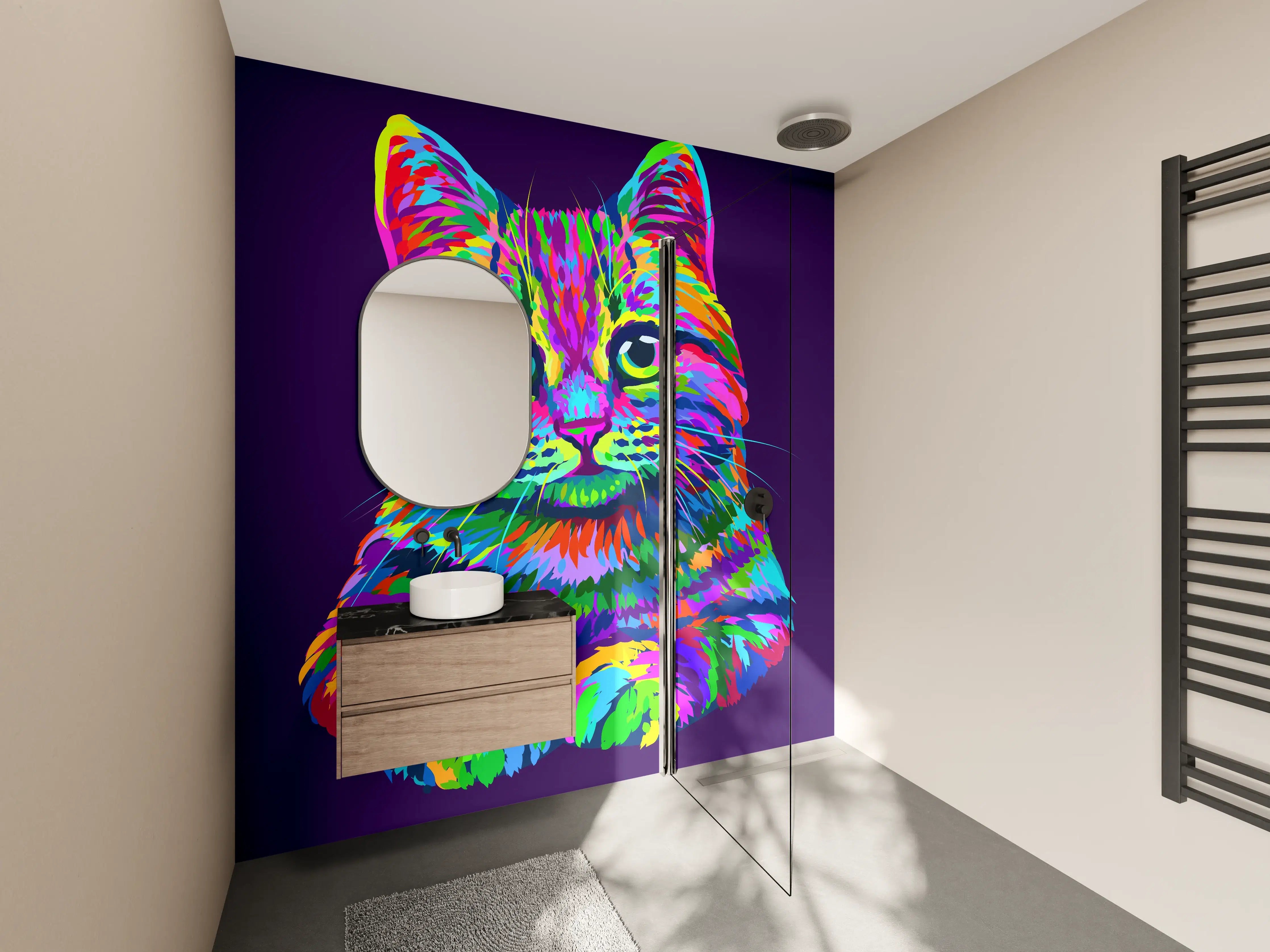 Wandverkleidung Bad - Farbenfrohe Neon-Katzen-Illustration
