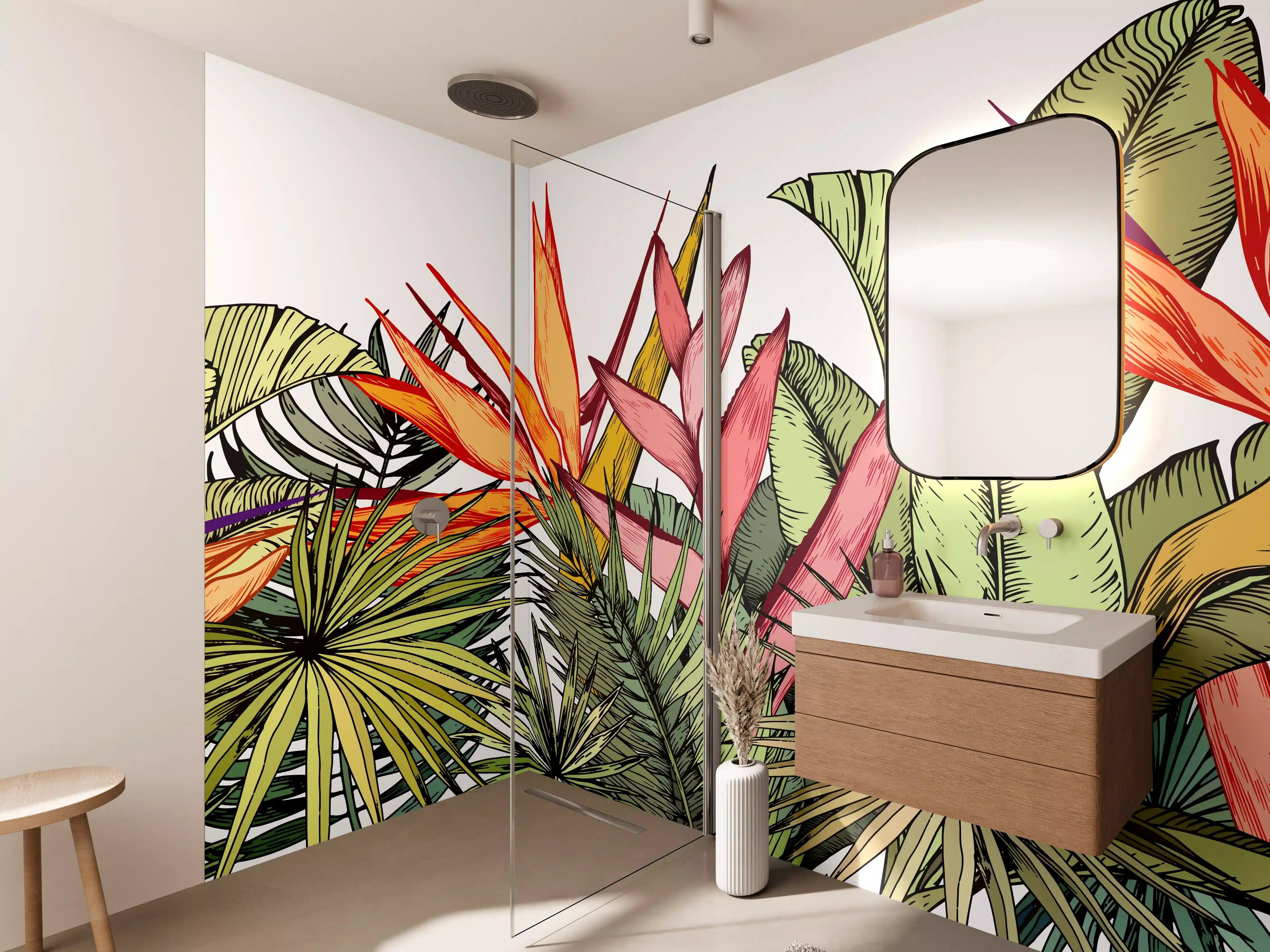 Wandverkleidung Bad - Farbenfroher Pflanzen-Print