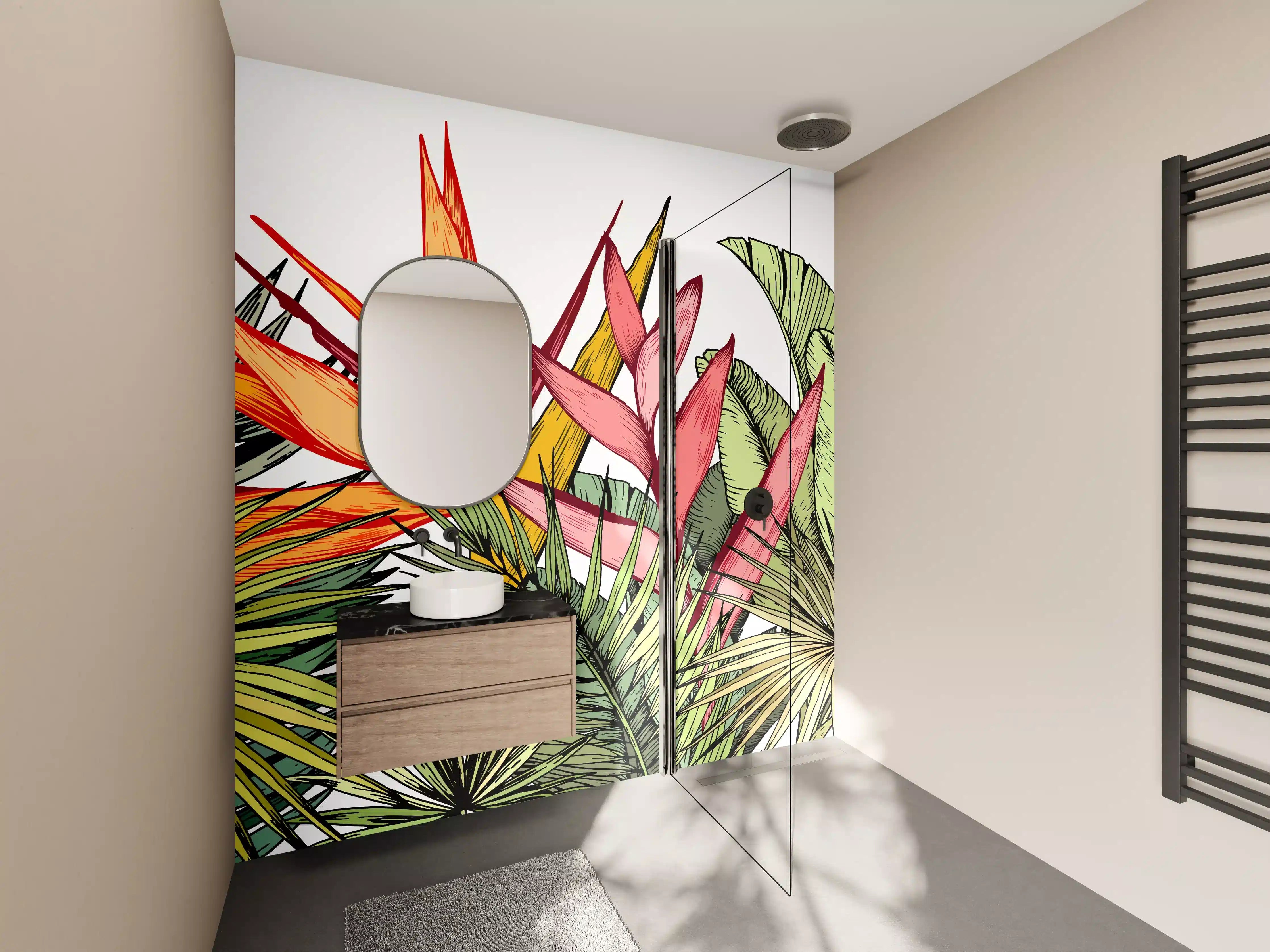 Wandverkleidung Bad - Farbenfroher Pflanzen-Print