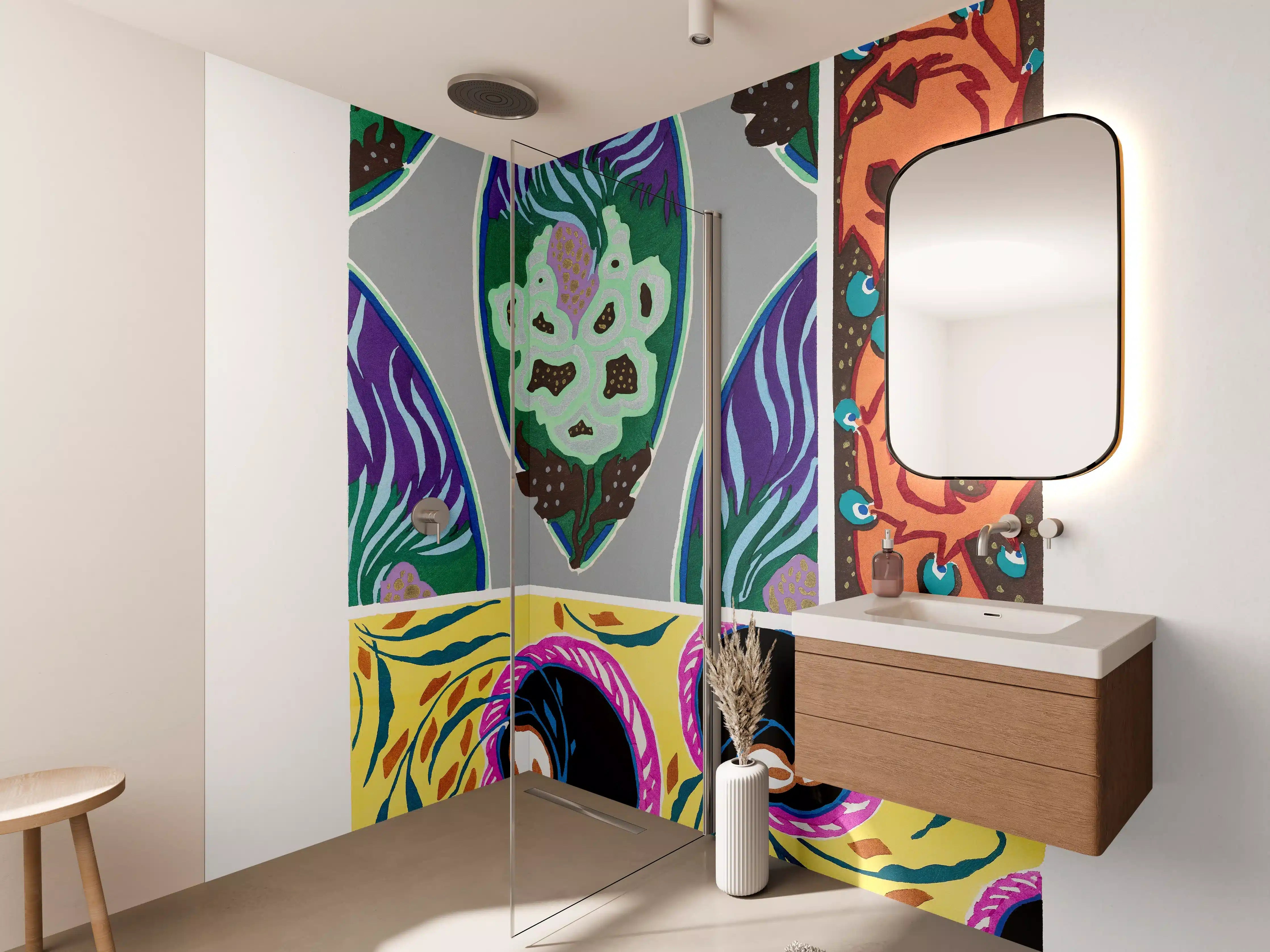 Wandverkleidung Bad - Farbige Blumenmuster, lebendige Gestaltung