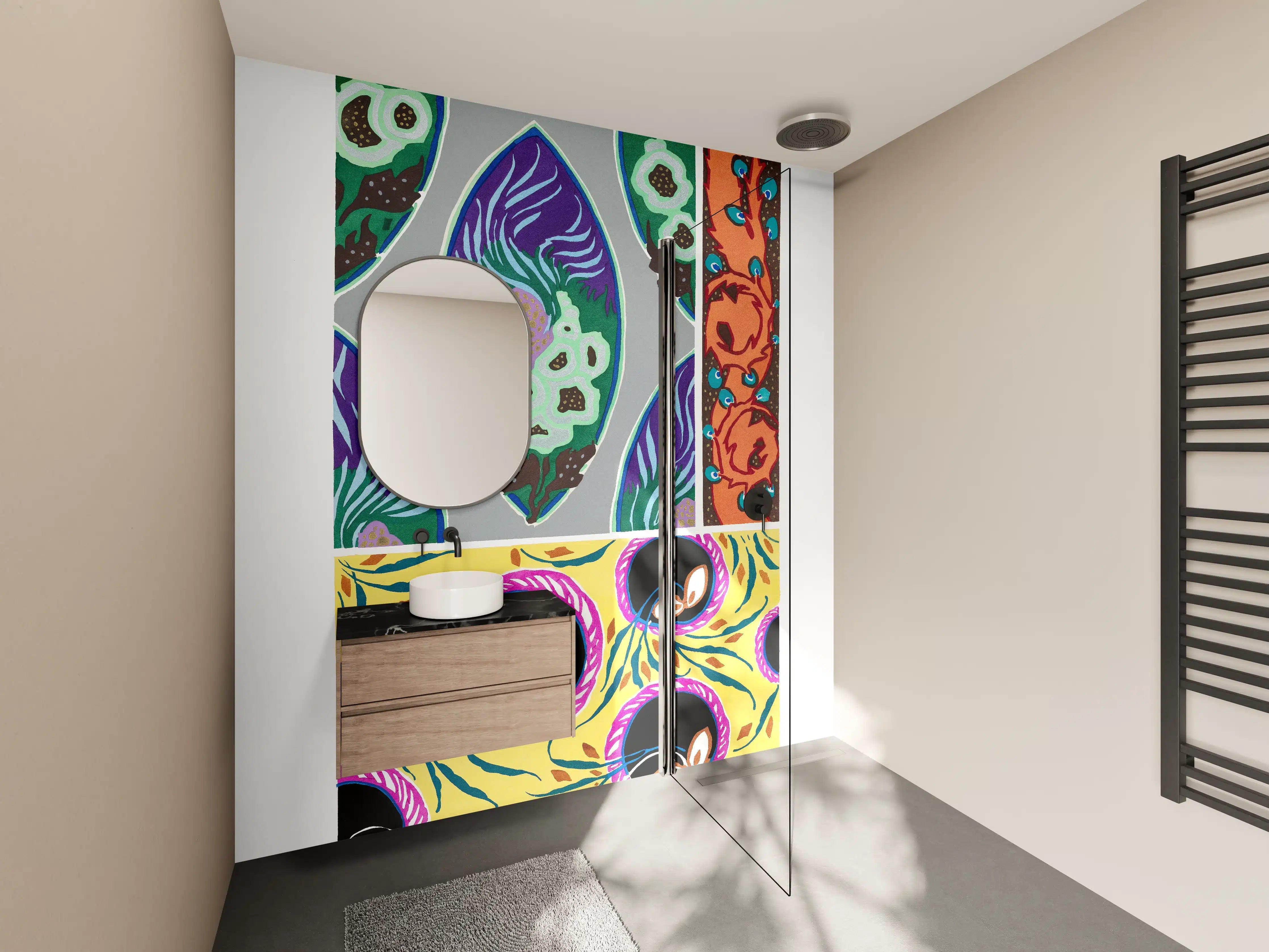Wandverkleidung Bad - Farbige Blumenmuster, lebendige Gestaltung