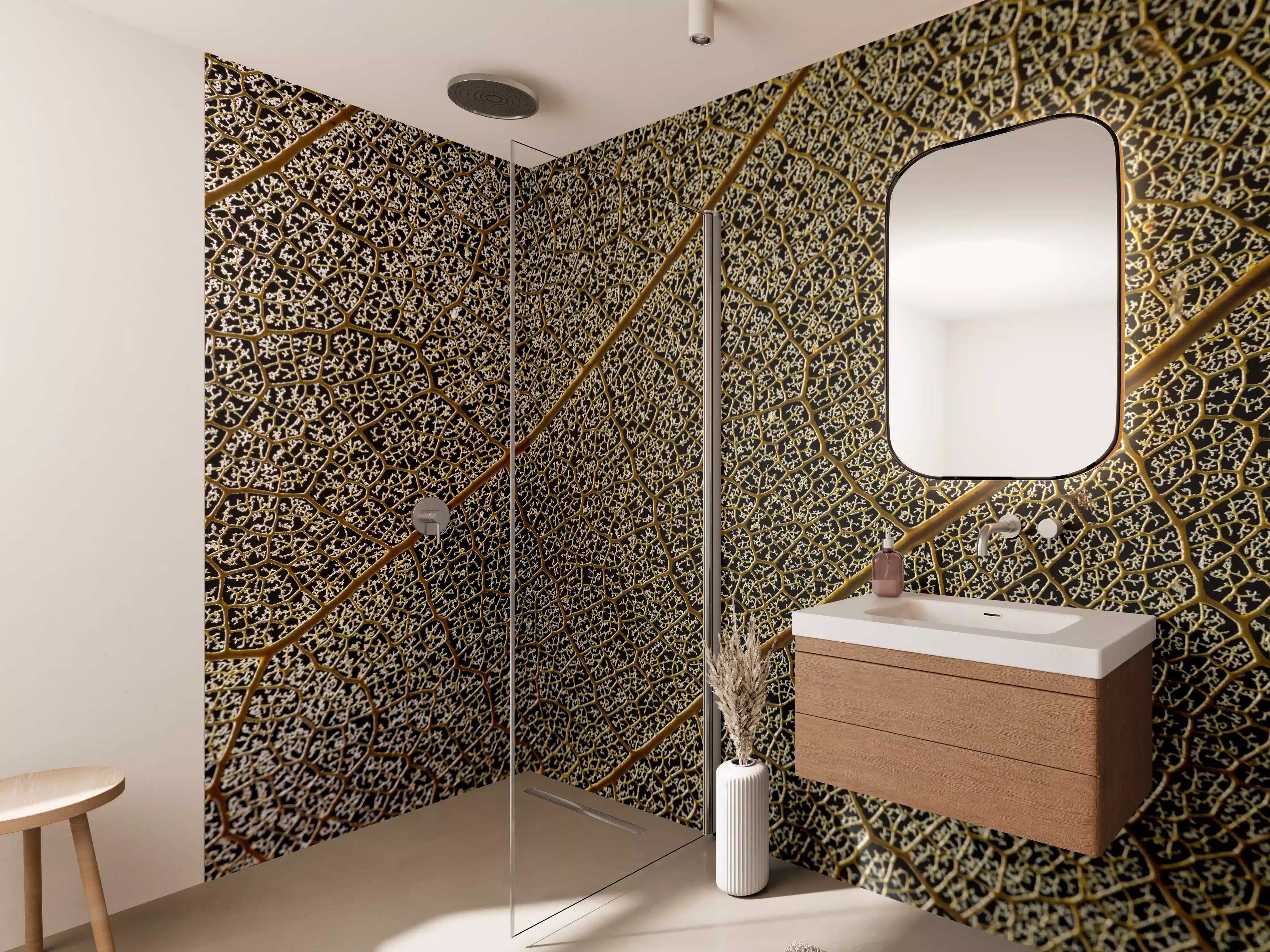 Wandverkleidung Bad - Feine Graunuancen auf hellem Blattadern-Hintergrund