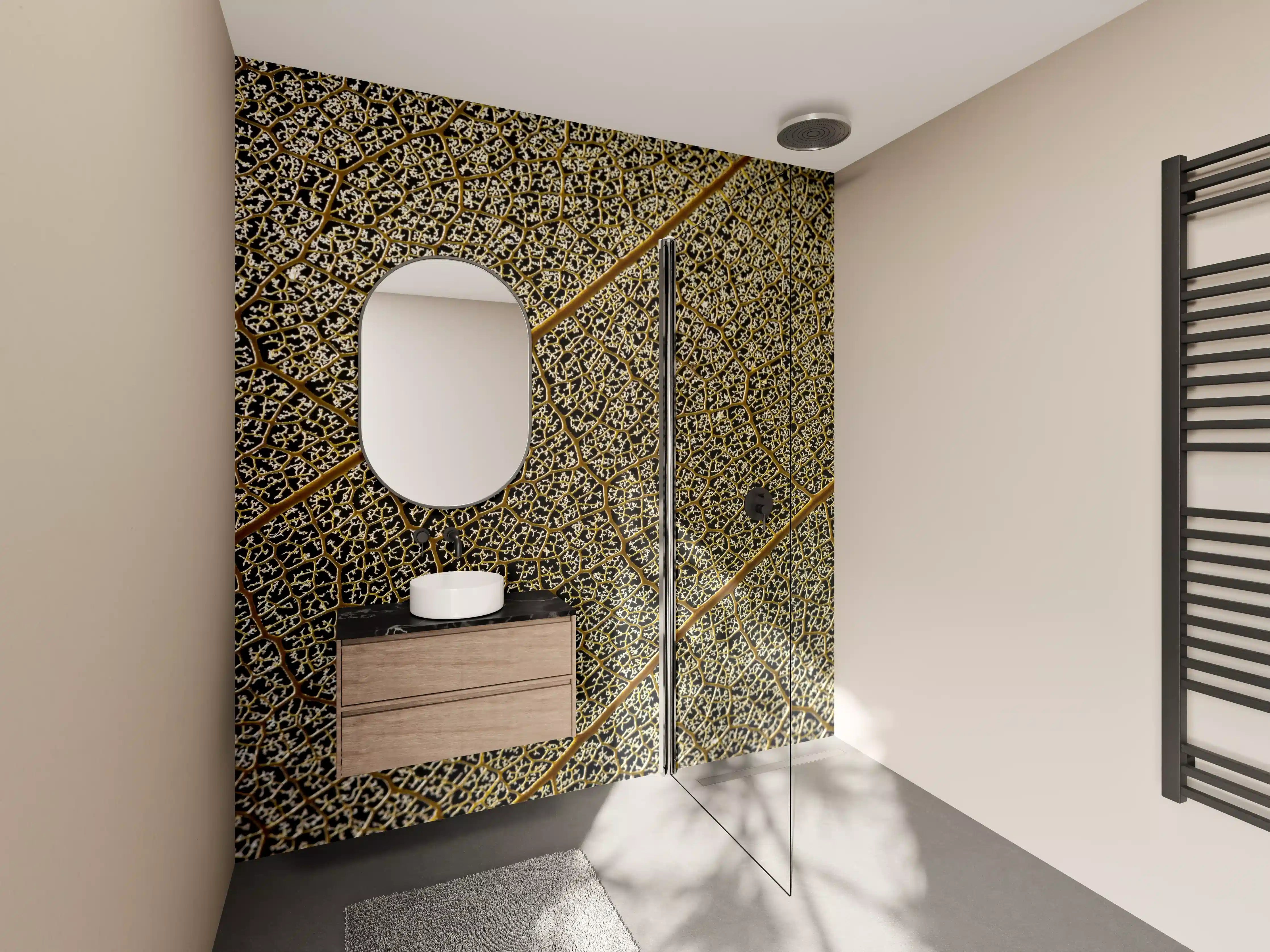 Wandverkleidung Bad - Feine Graunuancen auf hellem Blattadern-Hintergrund