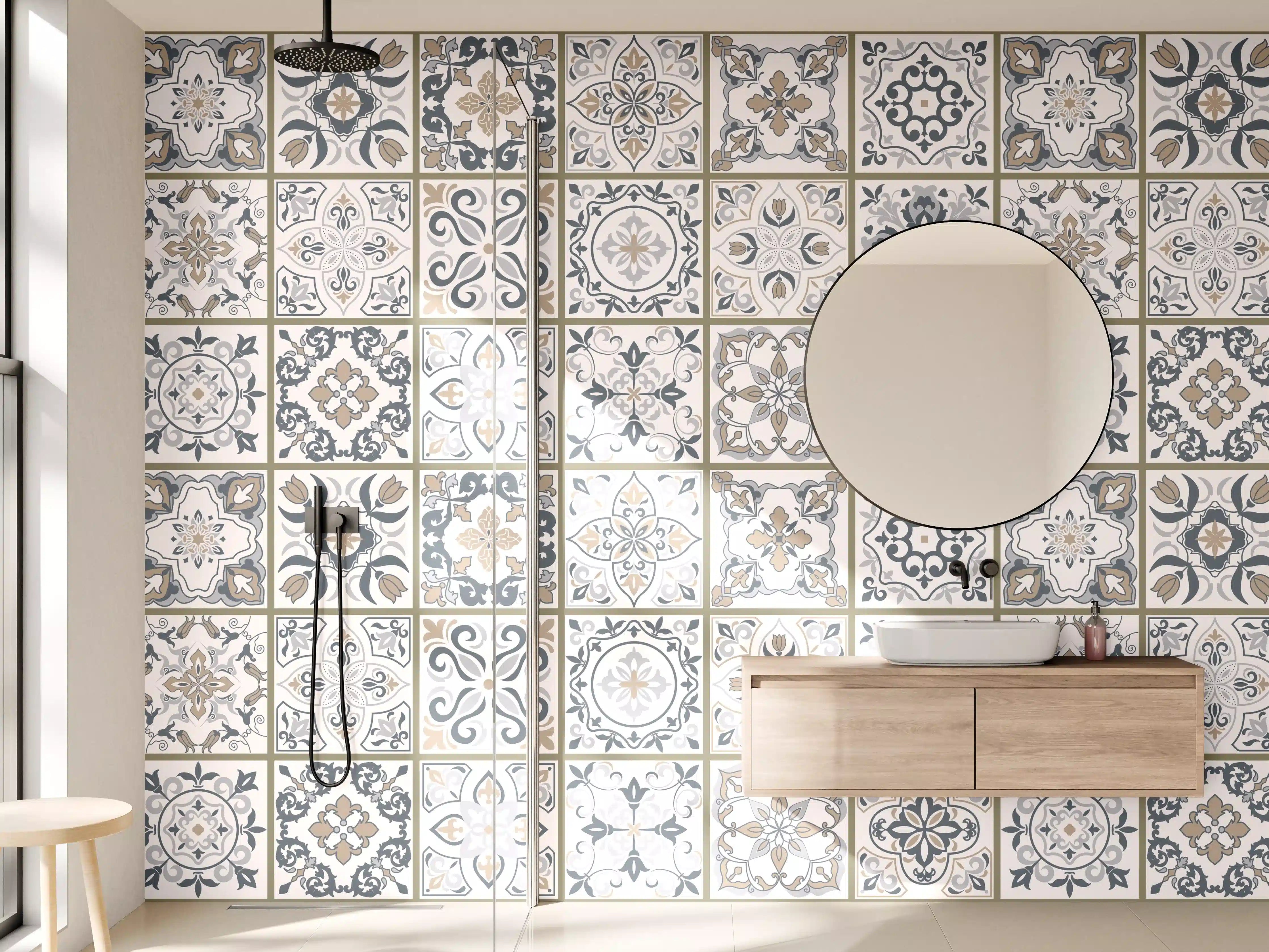 Wandverkleidung Bad - Feine Grautöne im geometrischen Weißmuster