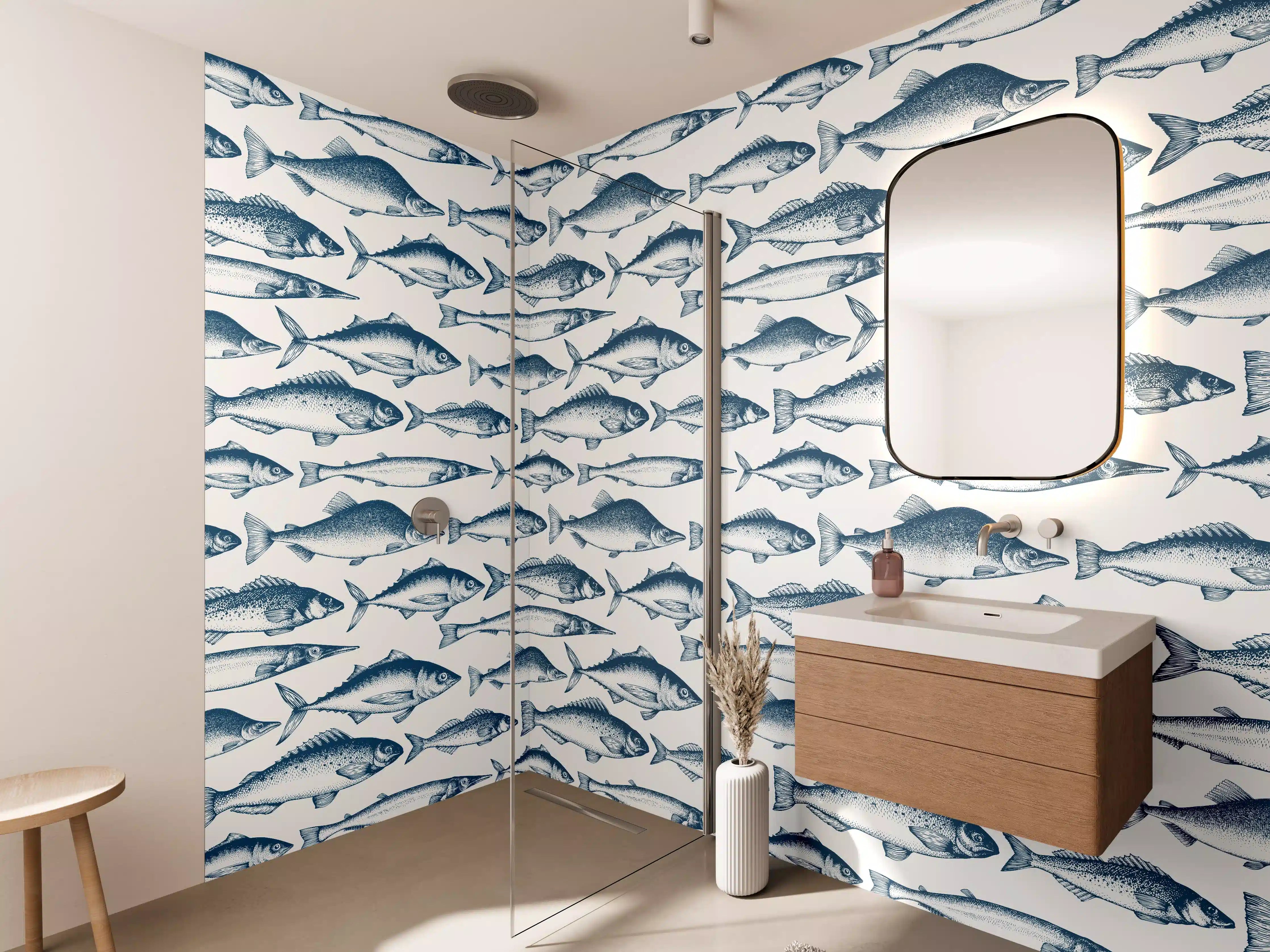 Wandverkleidung Bad - Fisch-Design in Blau und Weiß