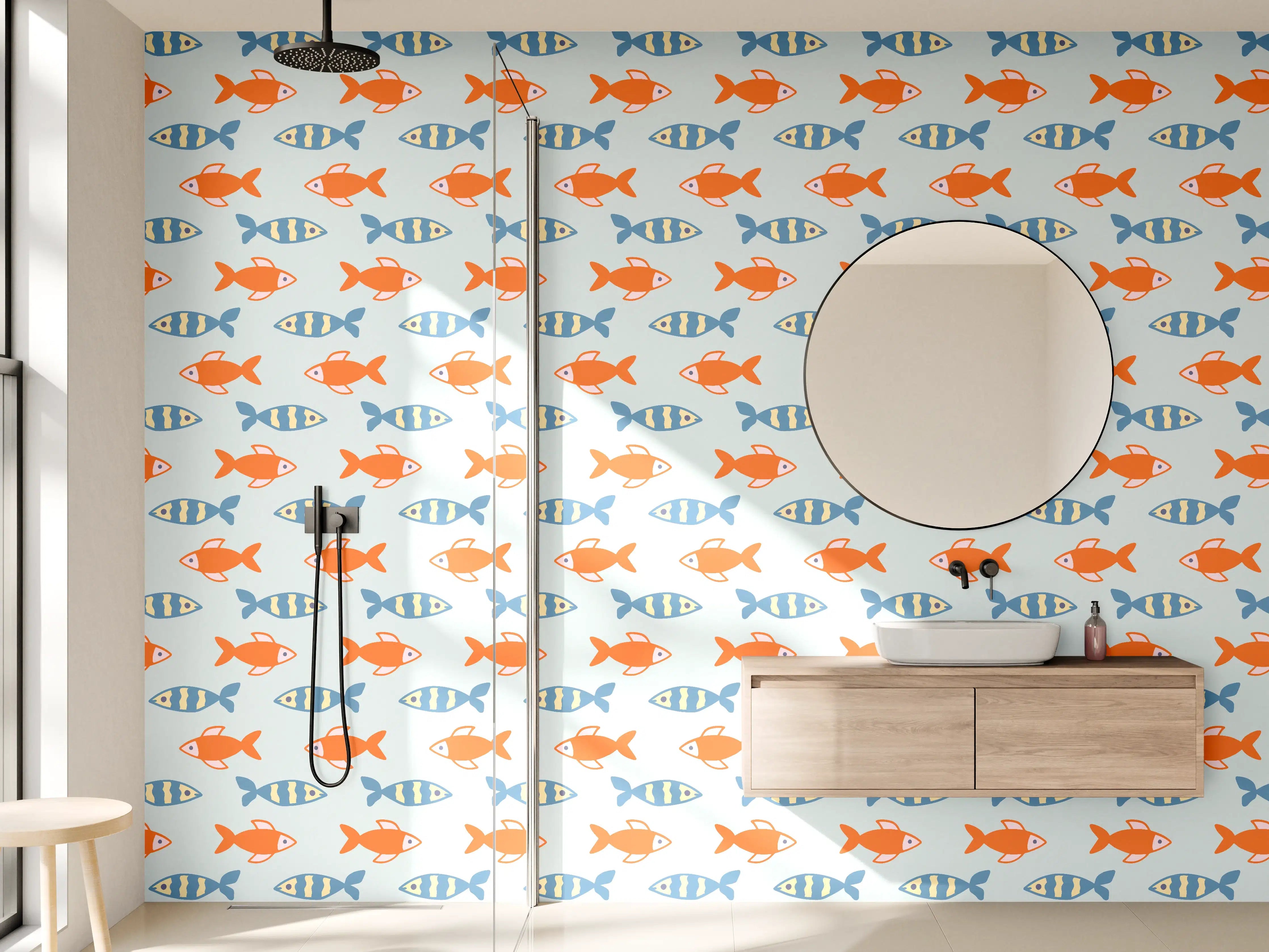 Wandverkleidung Bad - Fischmuster Orange-Blau