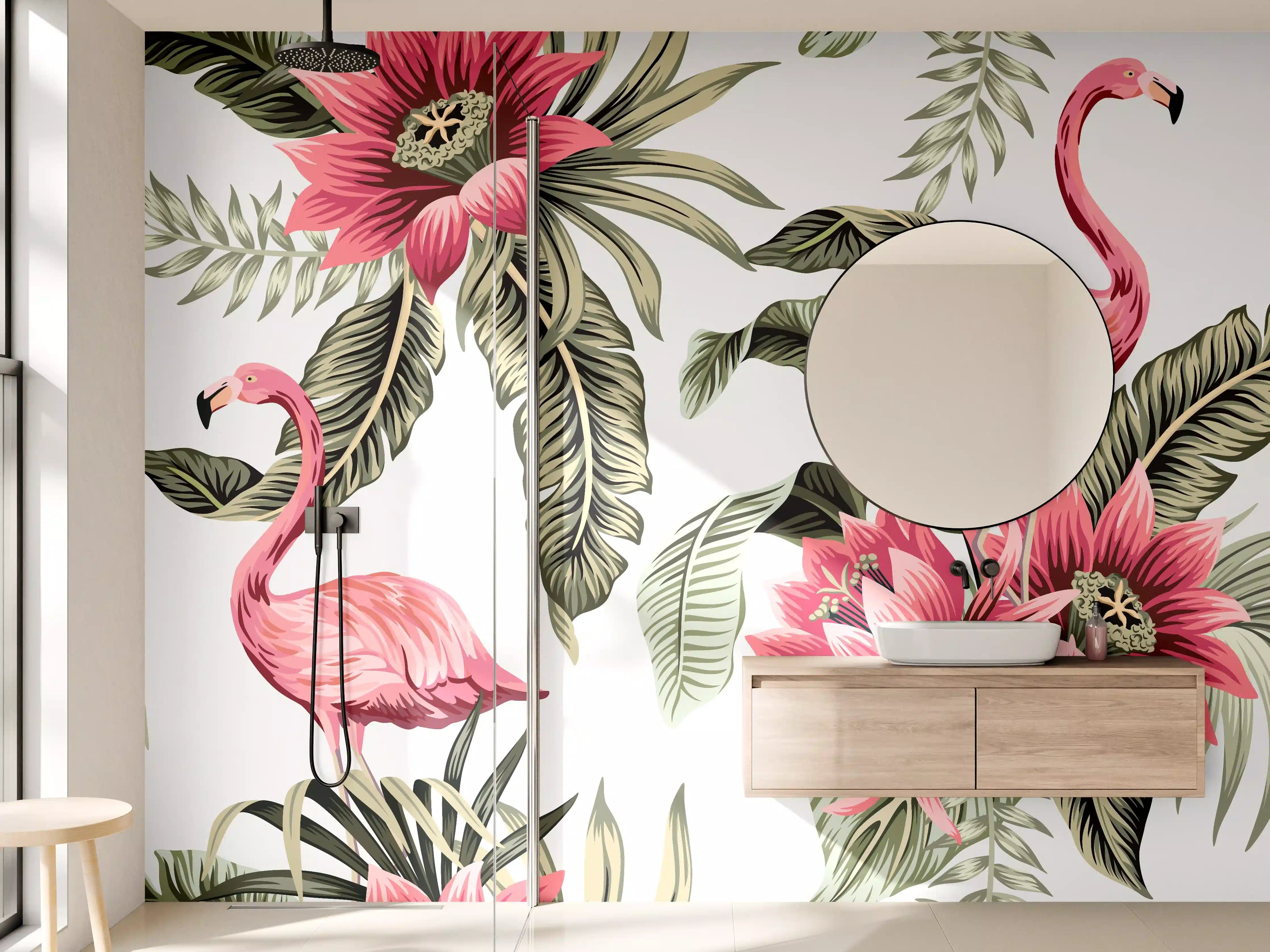 Wandverkleidung Bad - Flamingo & Tropenblumen Muster