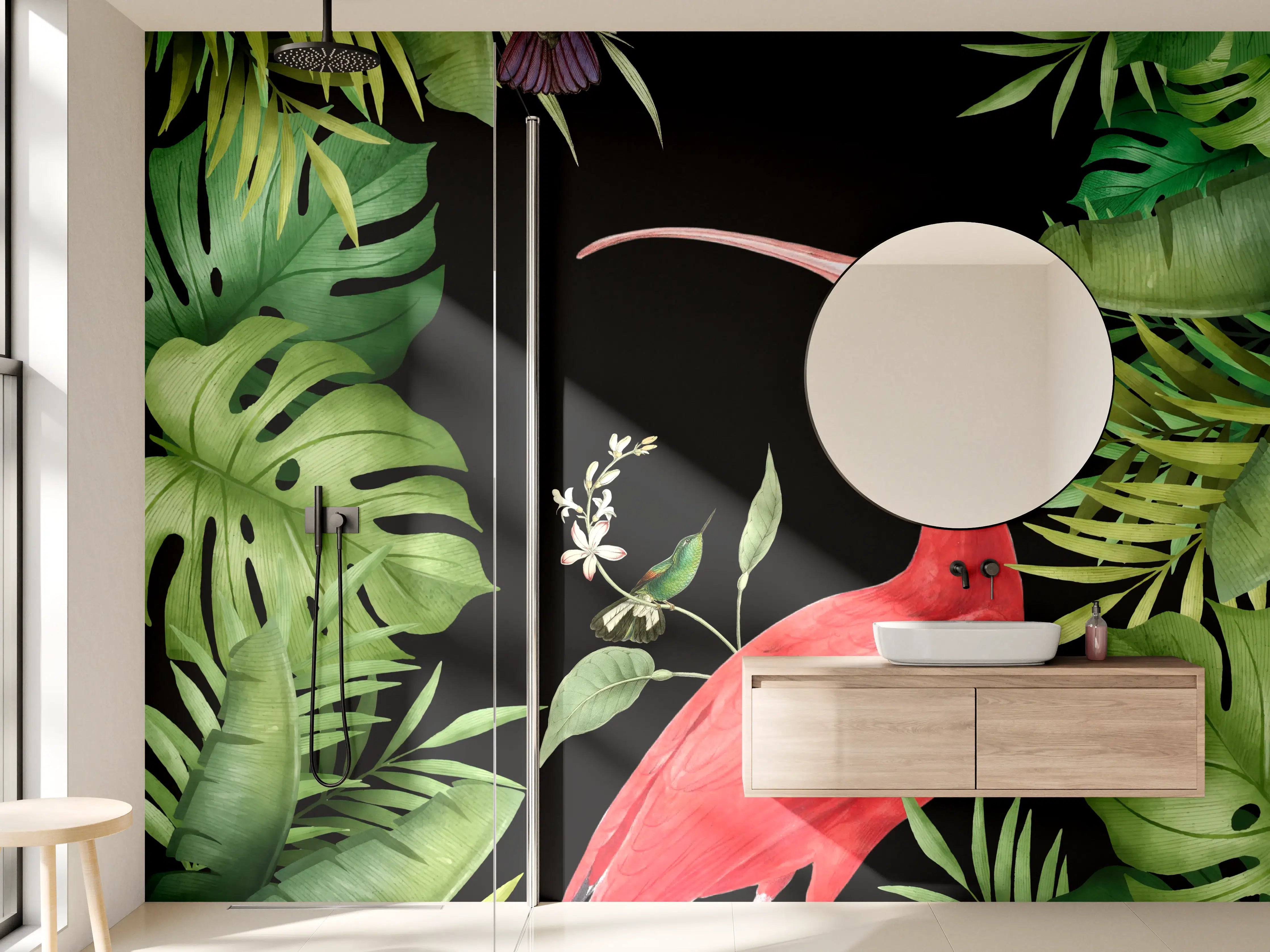 Wandverkleidung Bad - Flamingo im Pflanzenrahmen