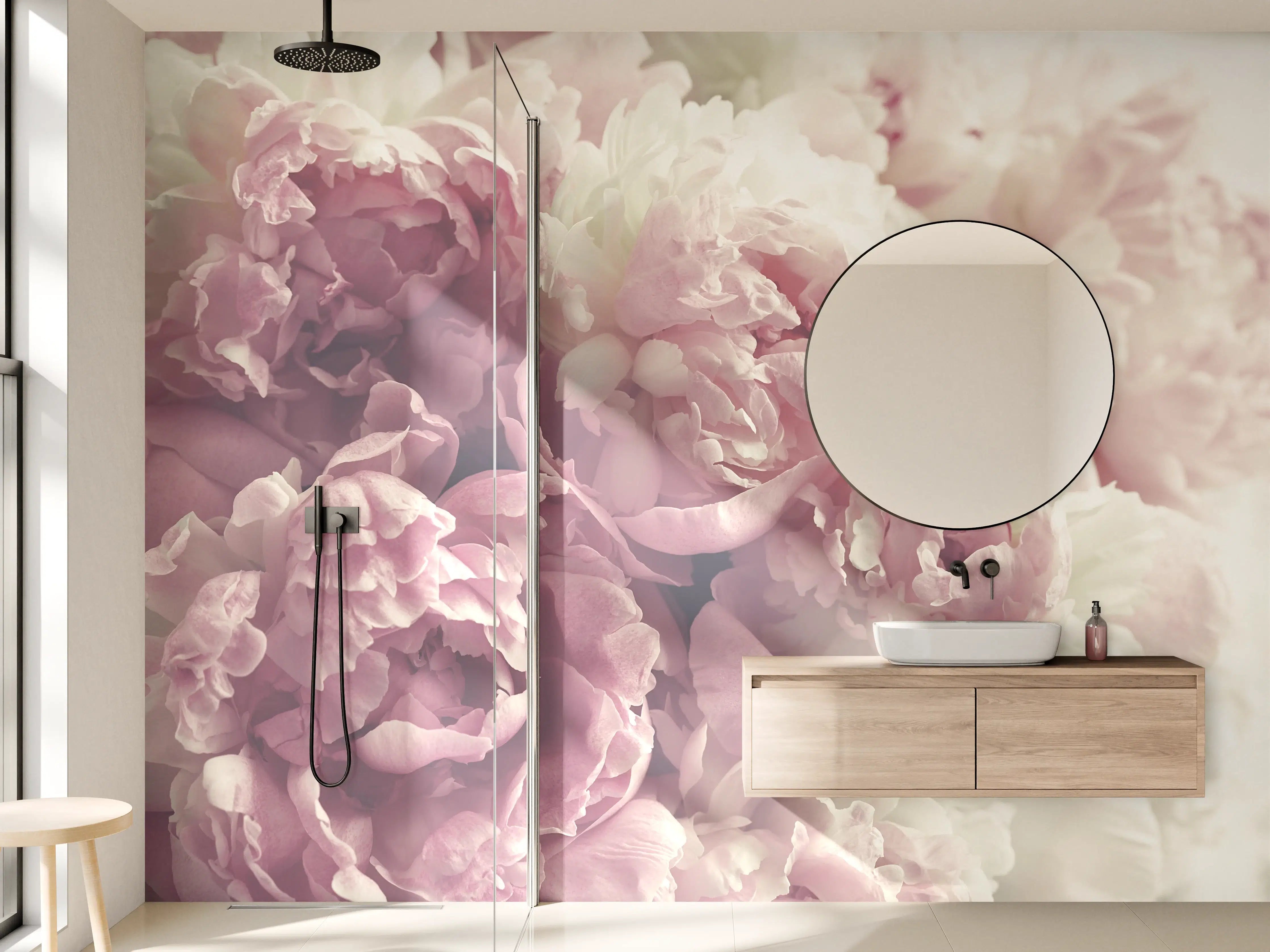 Wandverkleidung Bad - Flauschige rosa Pfingstrosen - Vintage