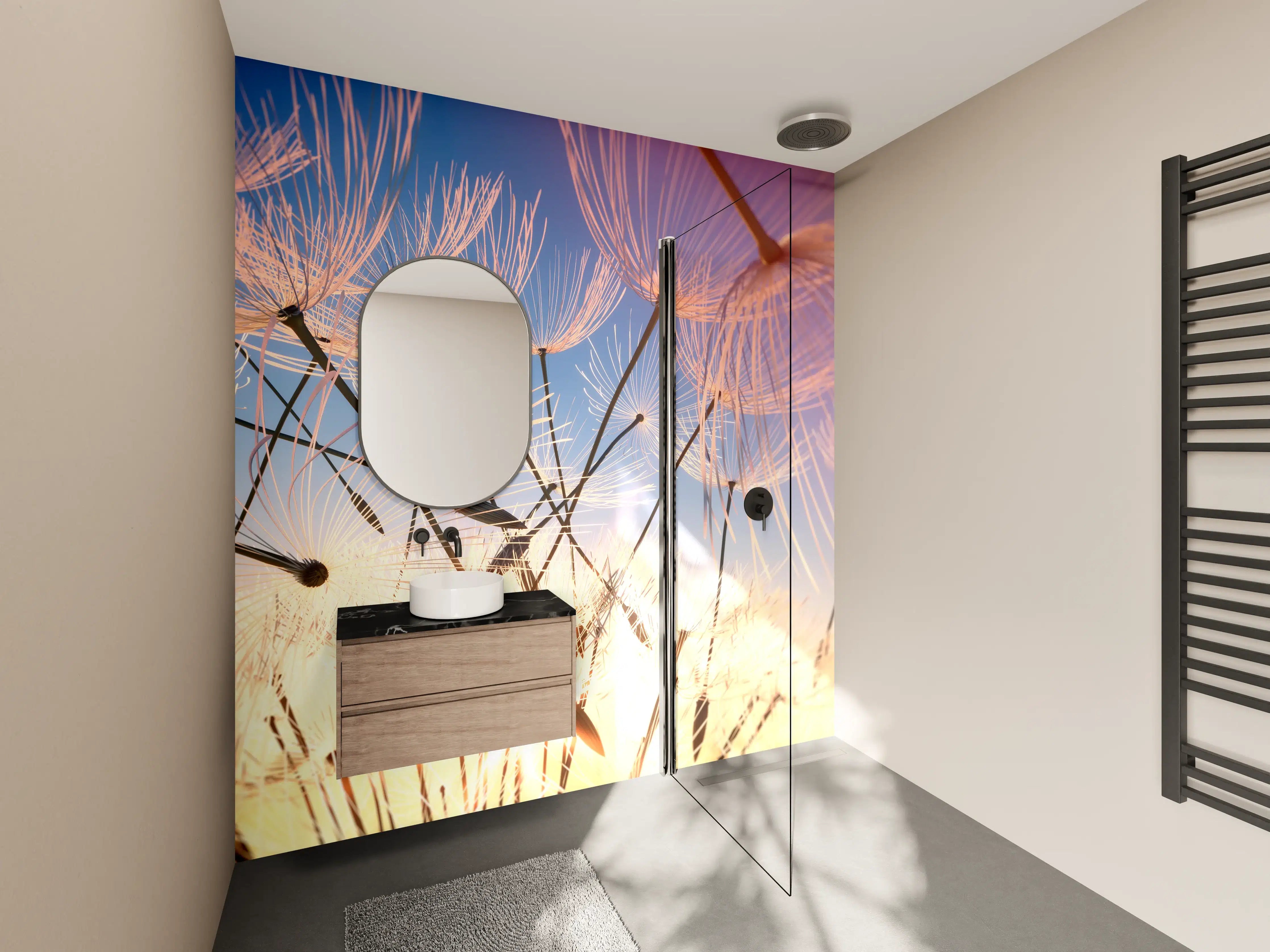 Wandverkleidung Bad - Fliegende Pusteblumen in Nahaufnahme