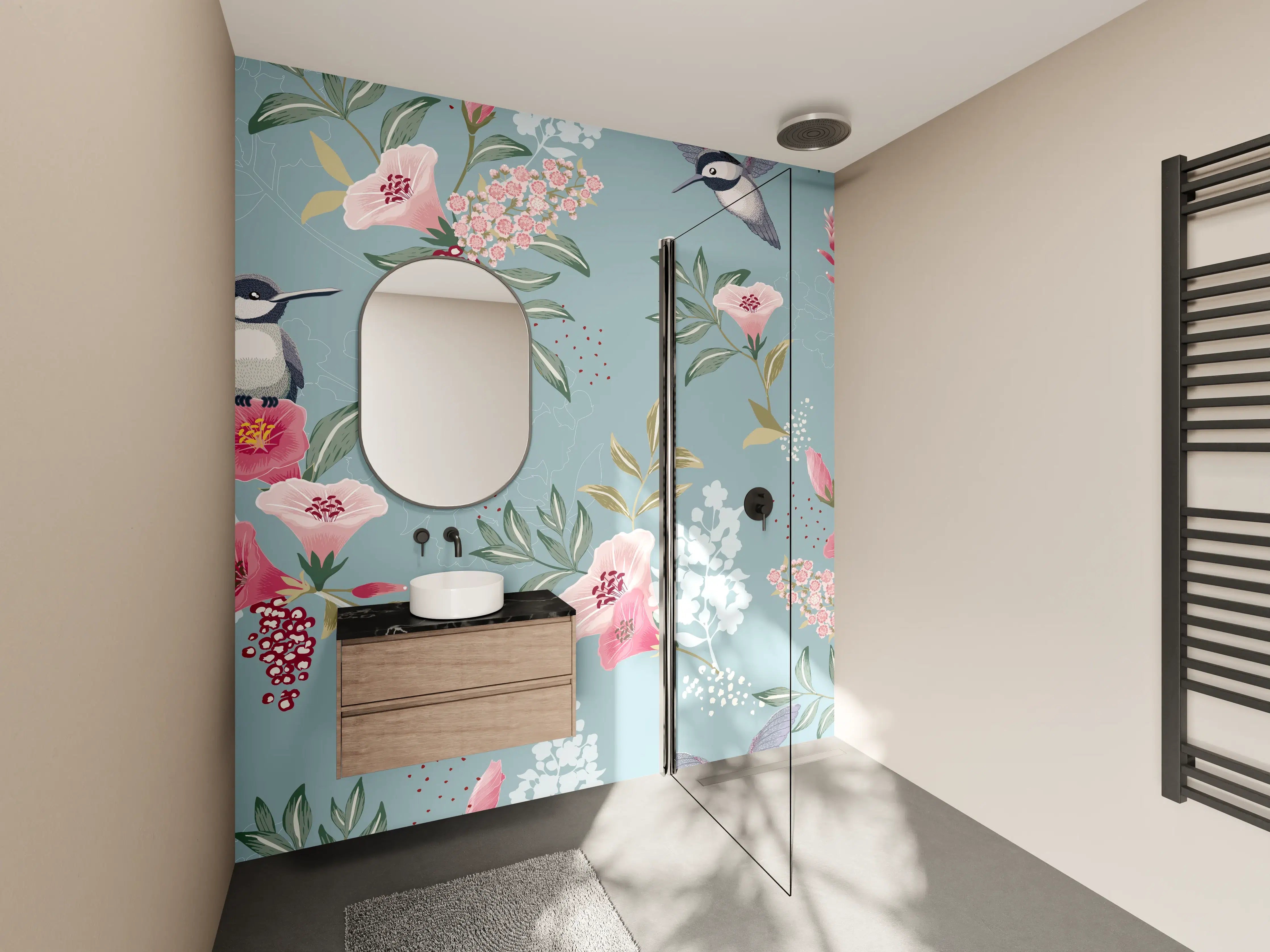 Wandverkleidung Bad - Floral-Bird-Muster Blaugrau