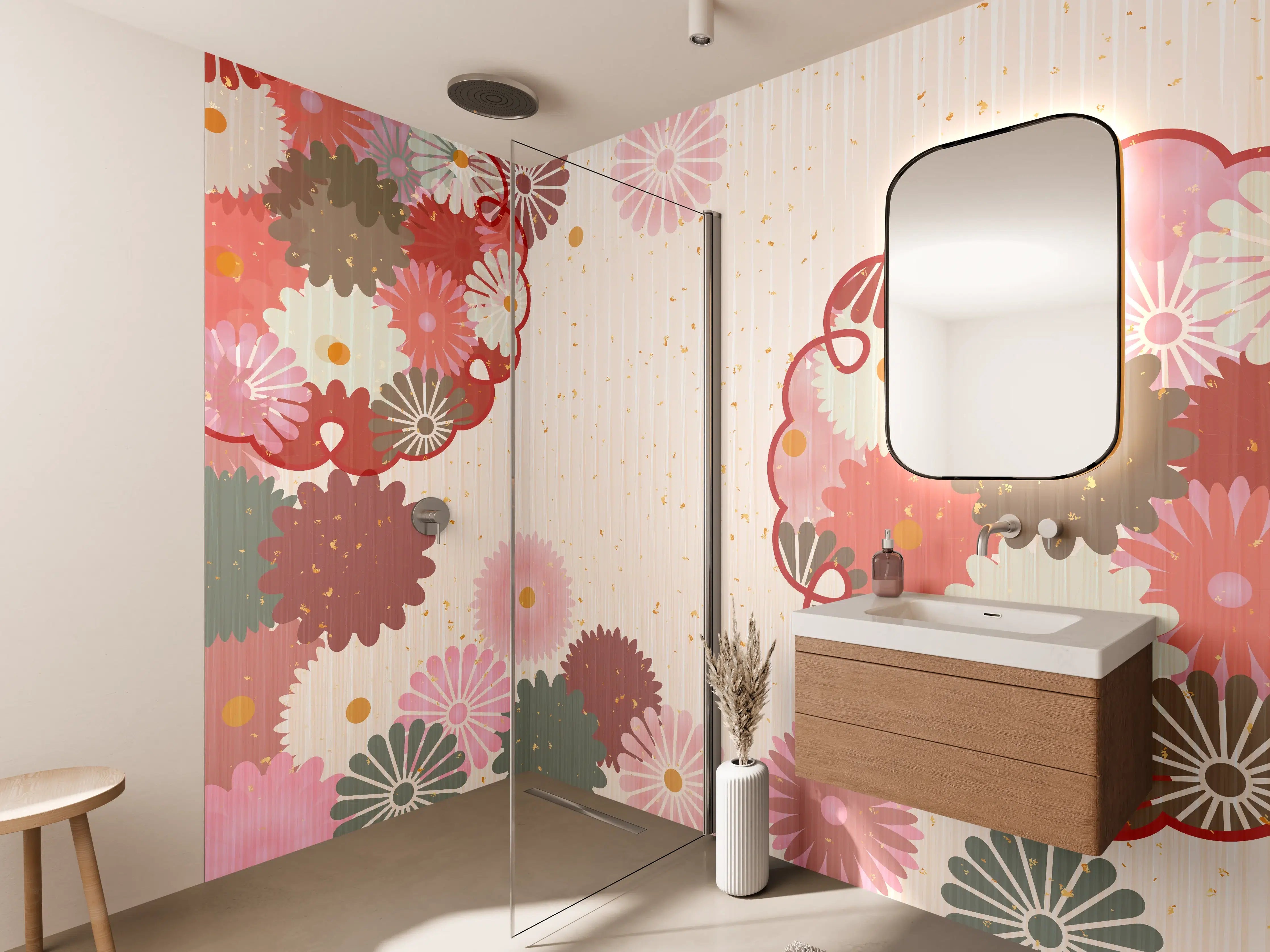 Wandverkleidung Bad - Floral Blumenmuster Beige Rot