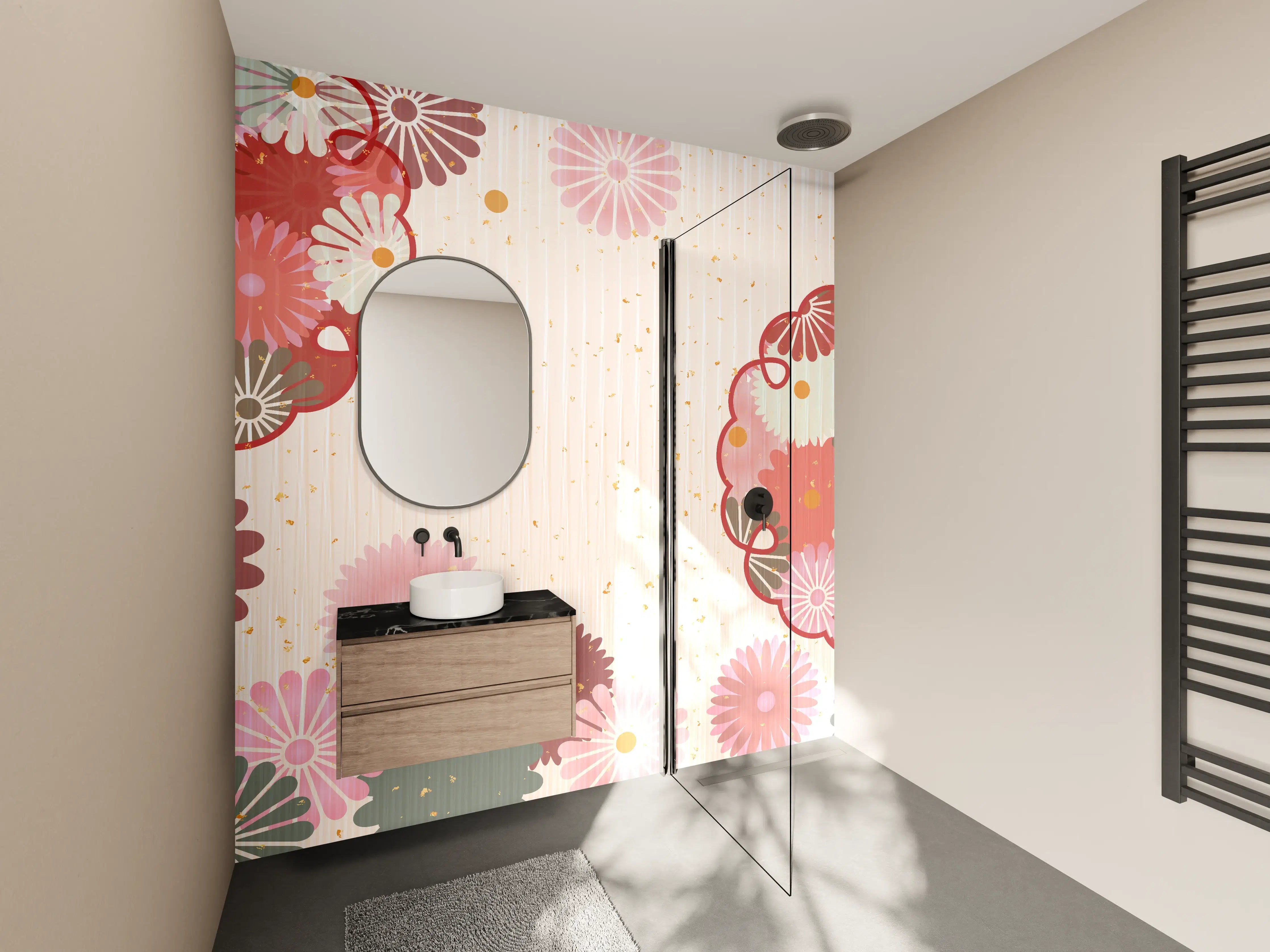 Wandverkleidung Bad - Floral Blumenmuster Beige Rot