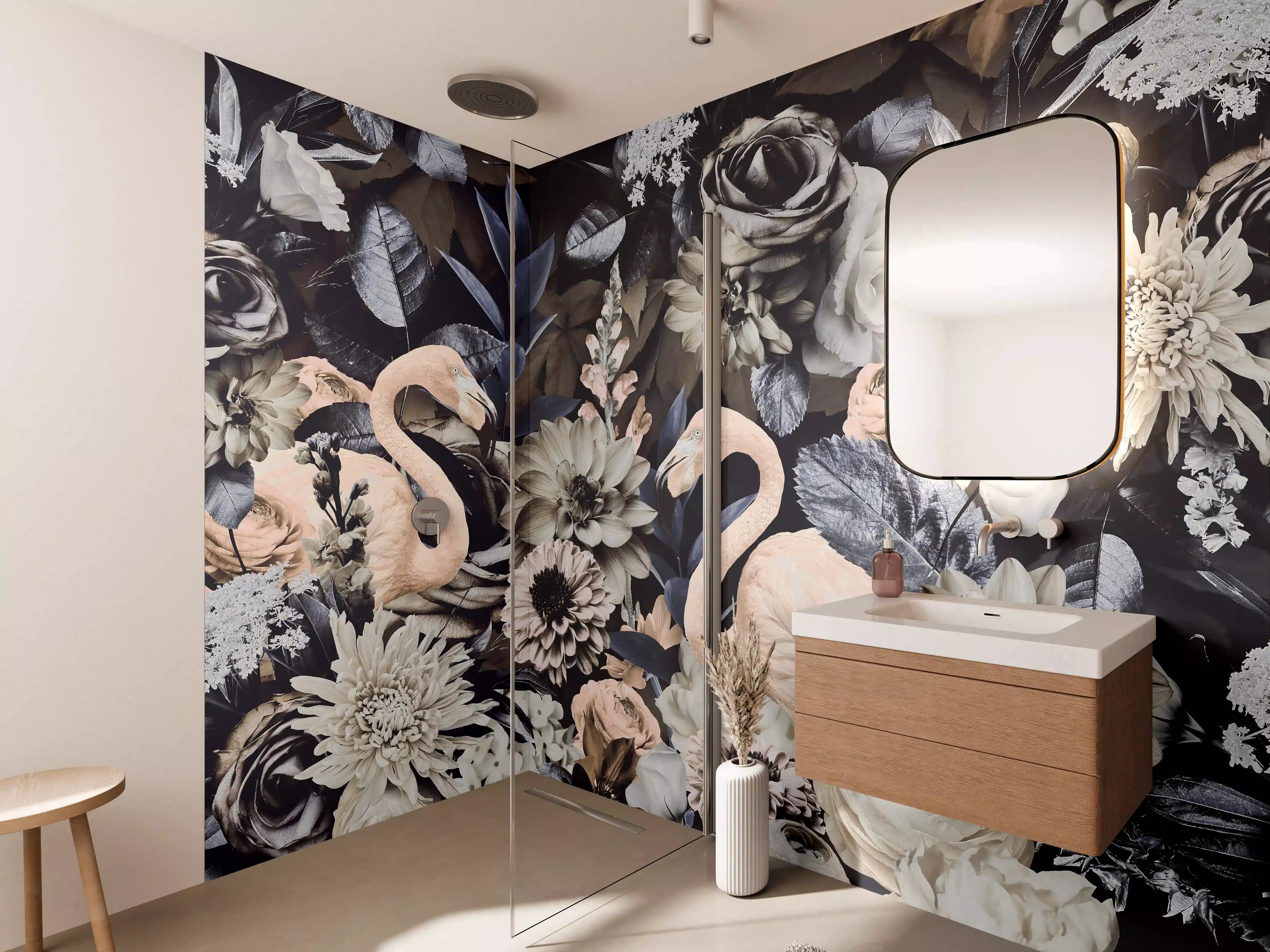 Wandverkleidung Bad - Floral-Flamingo Muster Grau-Weiß