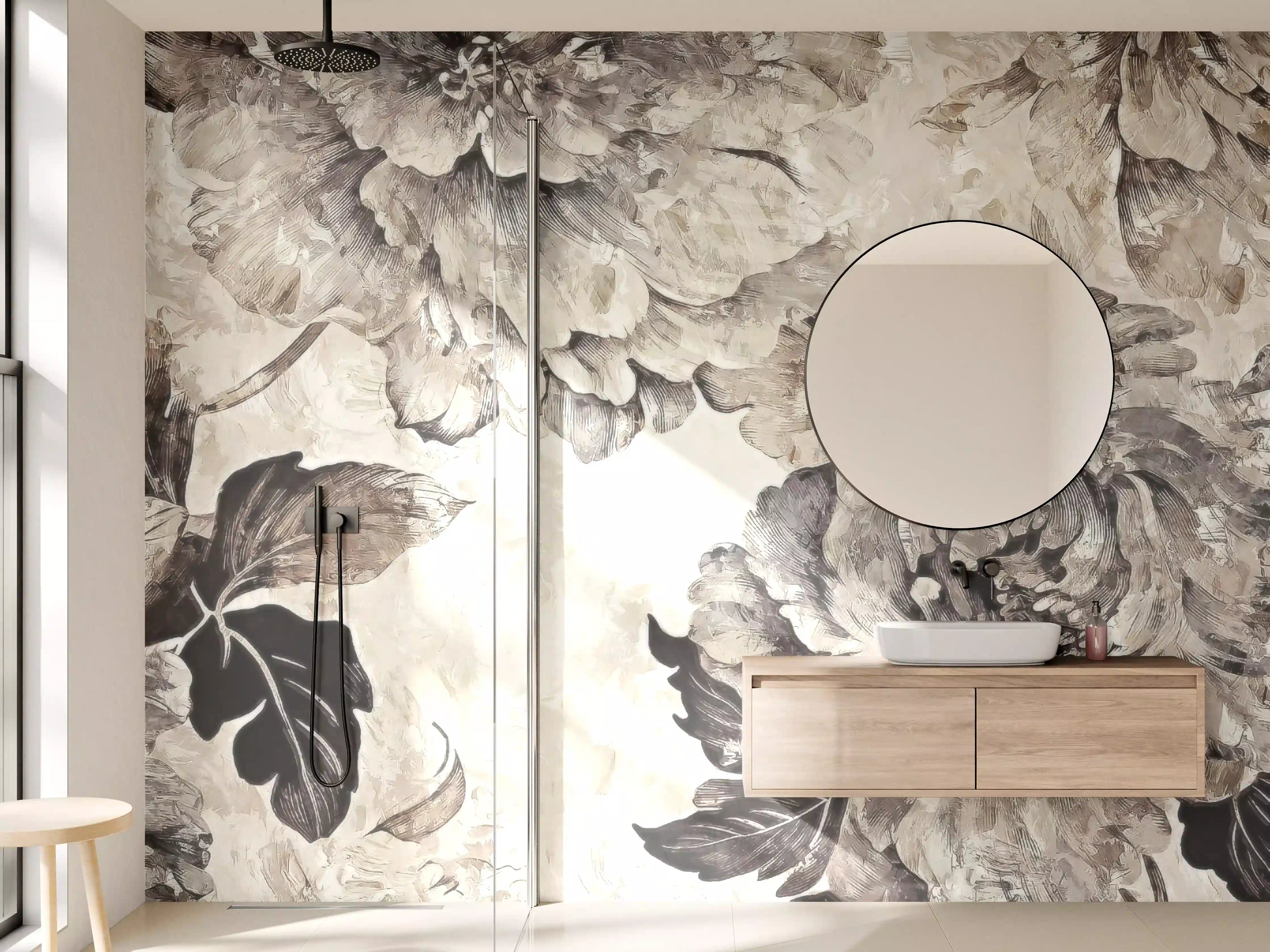 Wandverkleidung Bad - Floral Grau-Beige Kunstposter