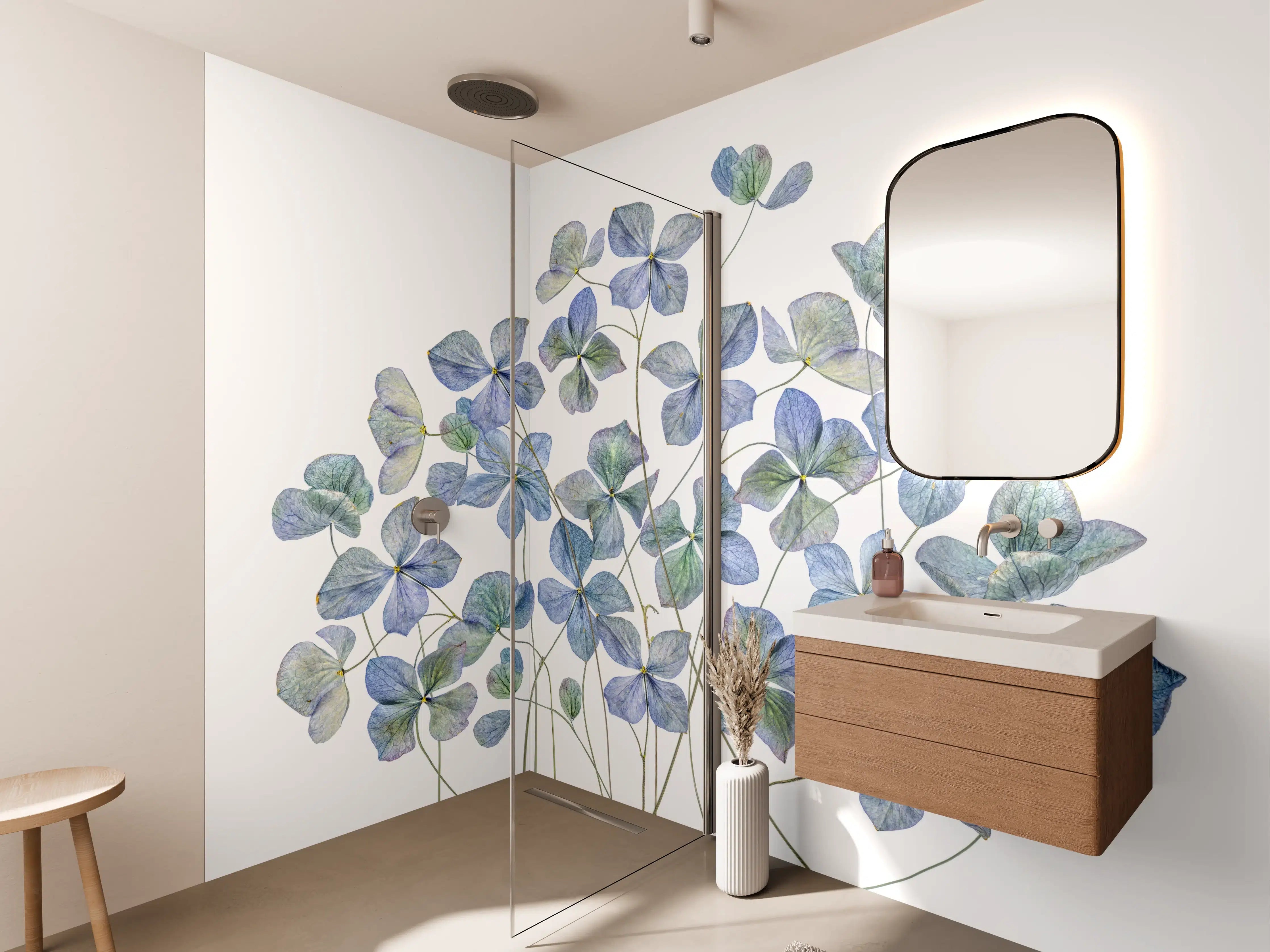 Wandverkleidung Bad - Florale Darstellung - Blaue Blumen