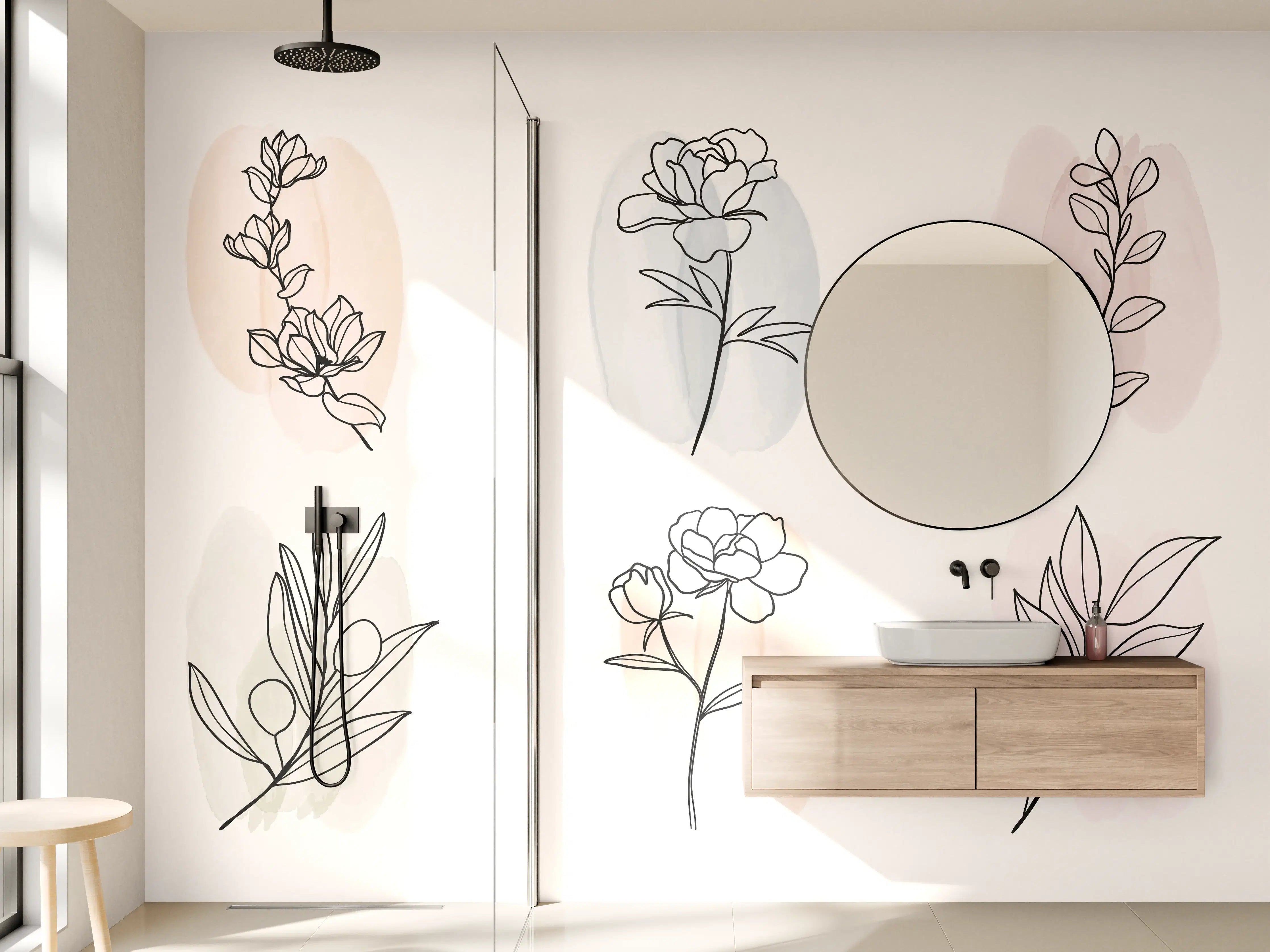 Wandverkleidung Bad - Florale Lineart Zeichnung Kollektion