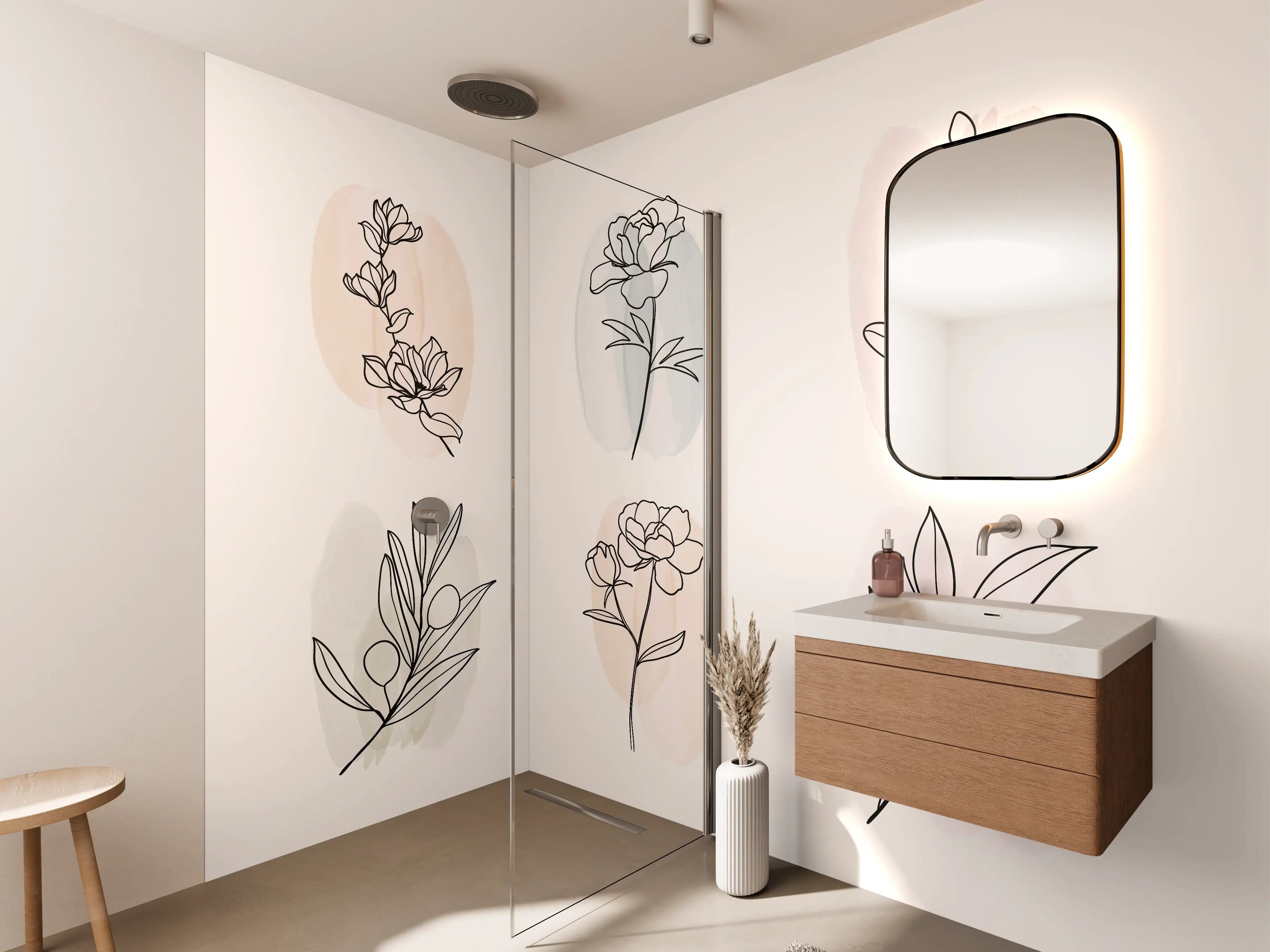Wandverkleidung Bad - Florale Lineart Zeichnung Kollektion