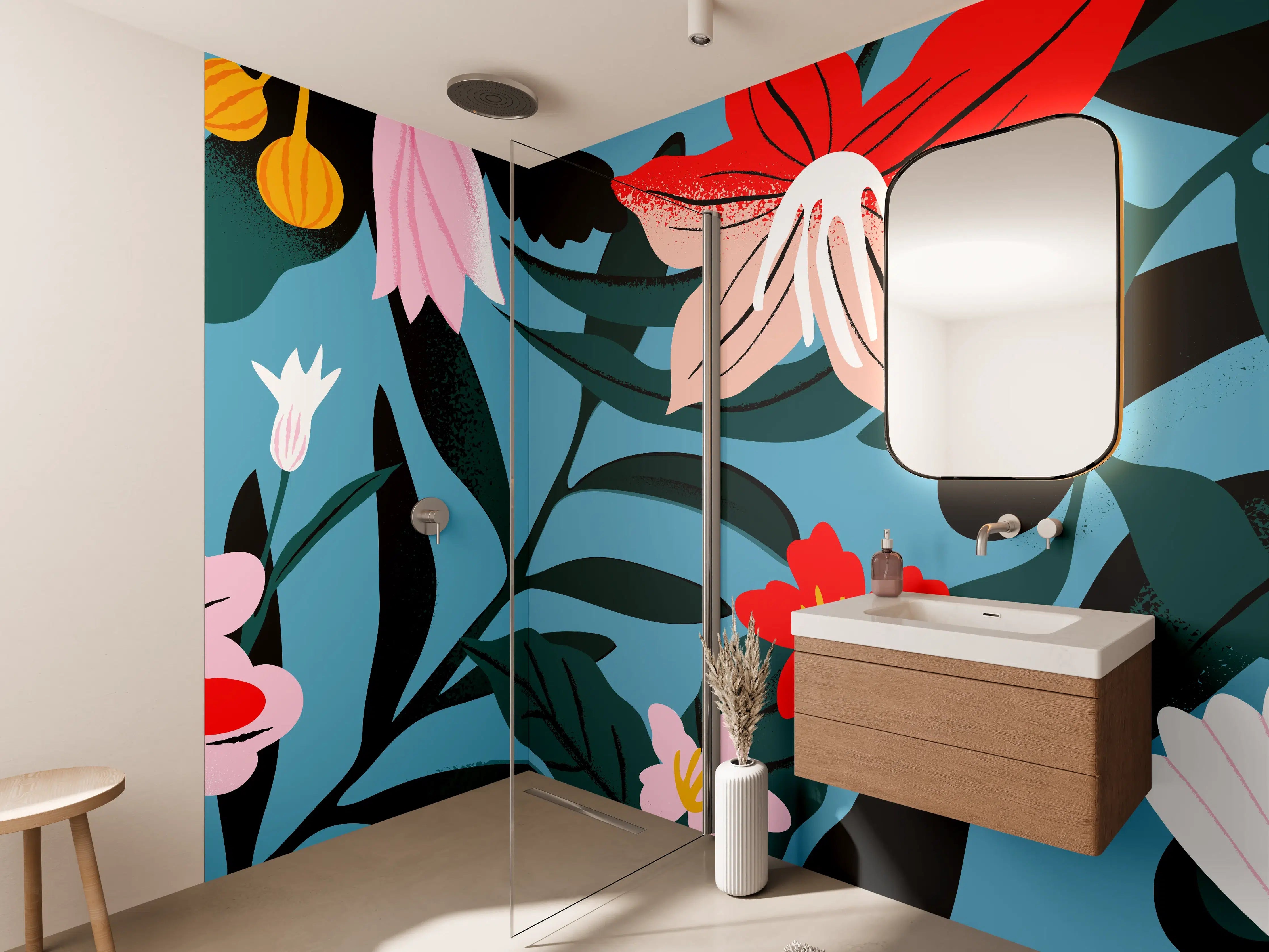 Wandverkleidung Bad - Florales Blau-Rot Muster