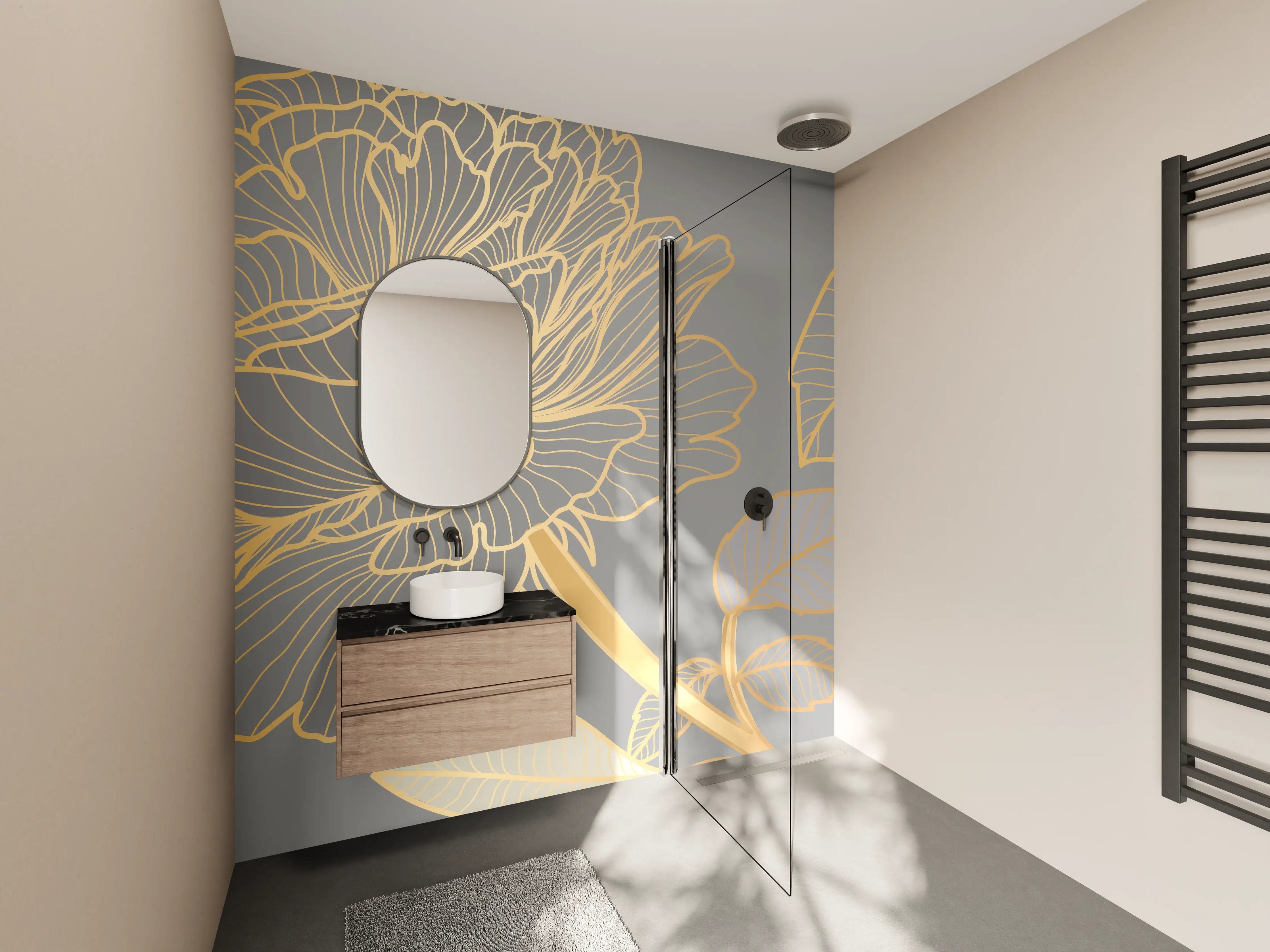 Wandverkleidung Bad - Florales Gold-Muster Design